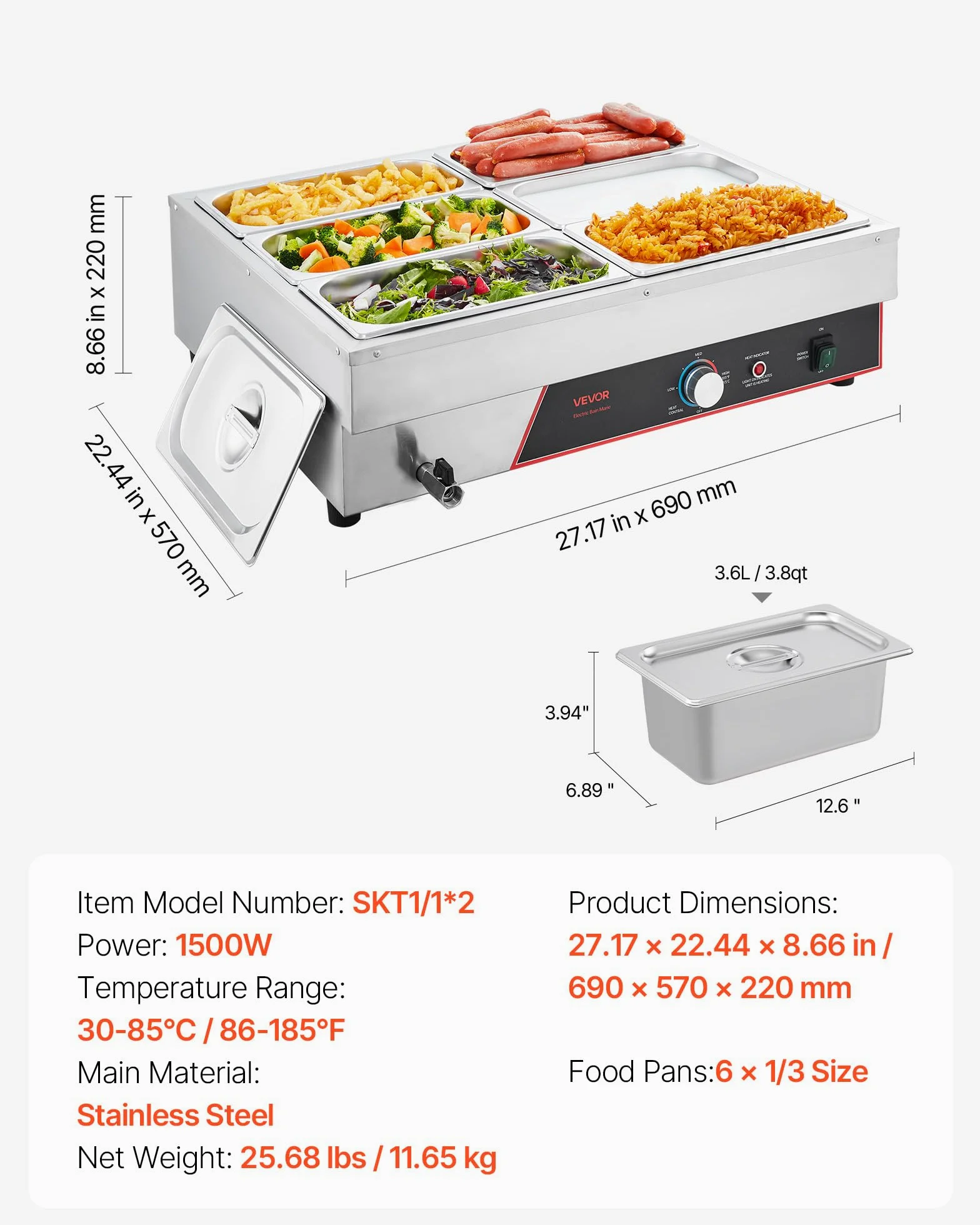 VEVOR Calentador de Alimento, con 6 Recipientes de 1/3 de Tamaño y Cable de Alimentación, de Acero Inoxidable, 1500 W, por Baño María, para Restaurantes, Fiestas y Buffets, 690 x 570 x 220 mm