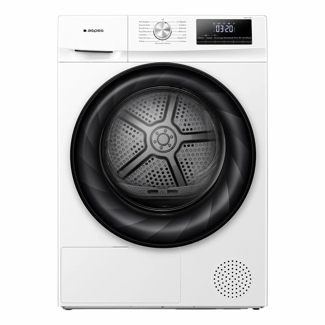 Aspes Secadora Bomba Calor 8Kg, Carga Frontal, Blanco, ASB801A2DB. 650W, 15 Programas, Función Antiarrugas, Función Antiarrugas, Tambor Waterdrop, Display LED manual, Eficiencia Energética Clase A++