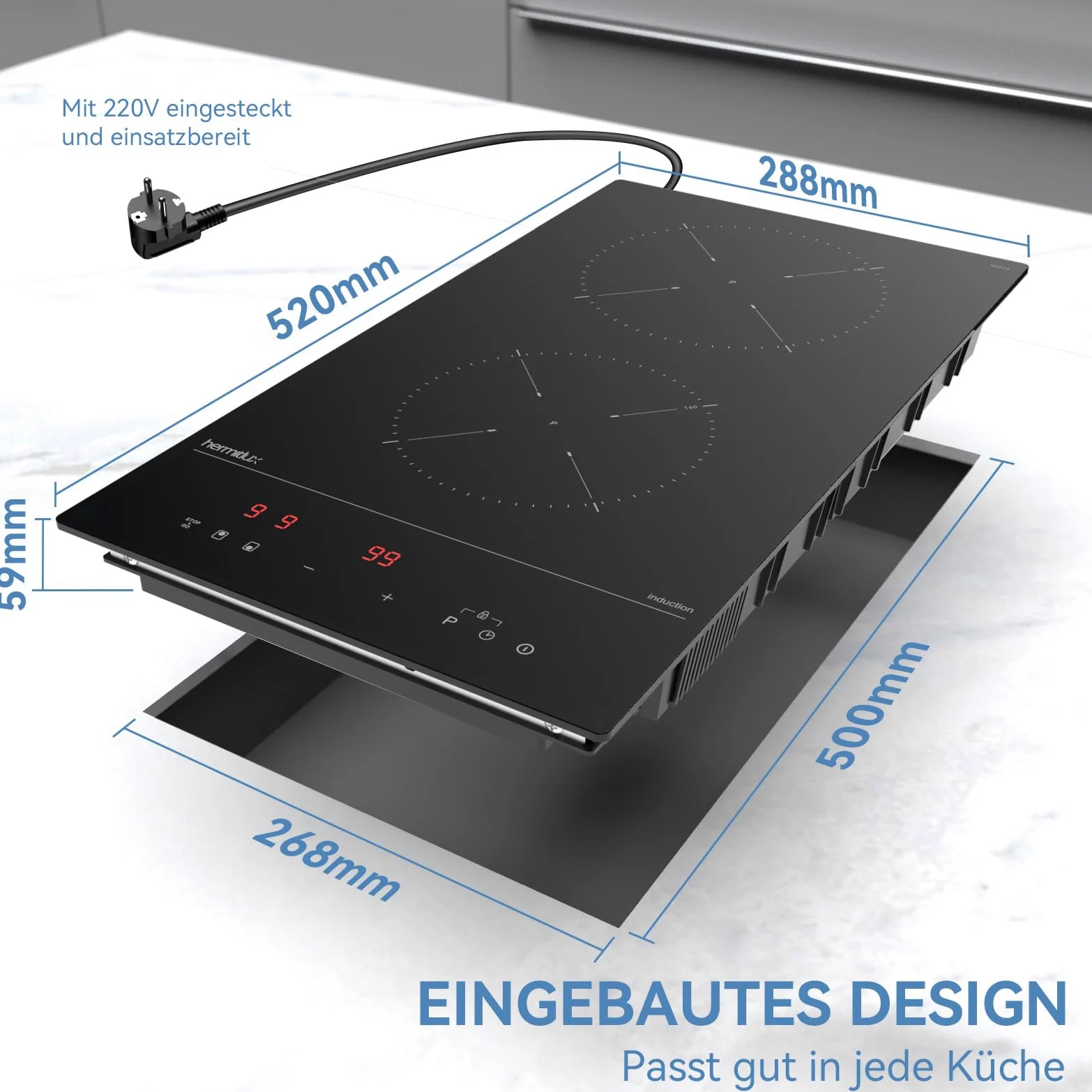 Hermitlux Placa Induccion 2 Fuegos 30cm 3500W Boost | calefacción de baja potencia continua, 9 niveles, apagado automático, bloqueo infantil