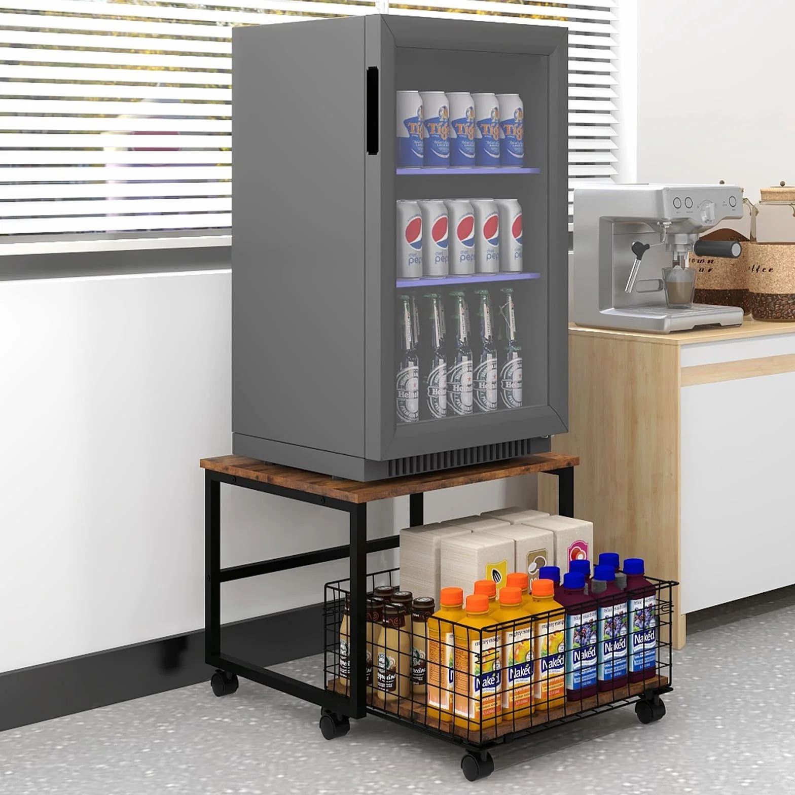 PUNCIA Soporte de Frigorífico con Cesta Metálica Base Móvil para Refrigerador con Ruedas Mueble Congelador Estantería para Nevera con Cesta Extraíble de Almacenamiento para Cocina Salón Oficina Retro