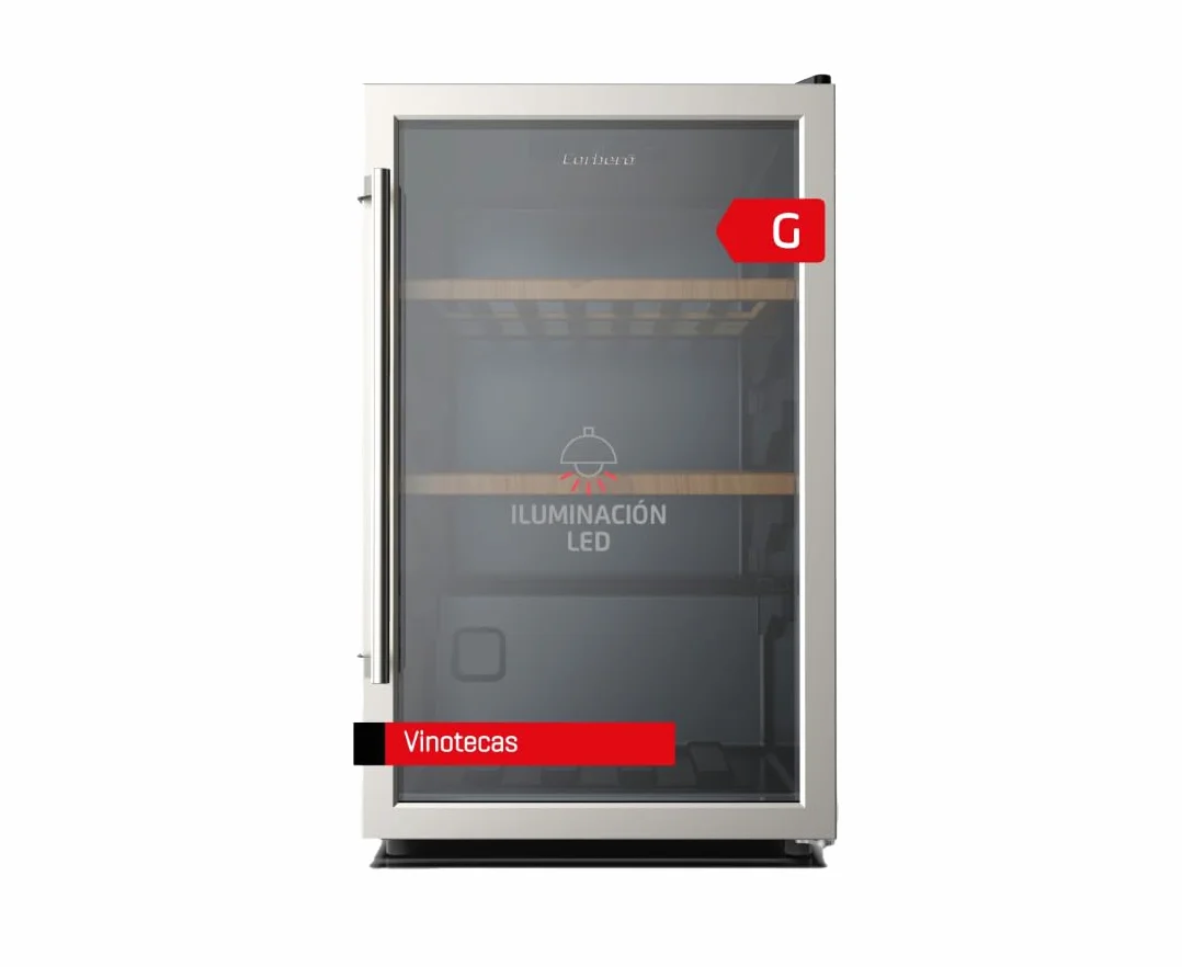 Corberó - Vinoteca CFKWC61SW | 126L | 61 Botellas | Puerta Cristal | Display LED | 2 Estantes Madera | Rango Temperatura 5-20ºC | Nevera para vinos | Negro