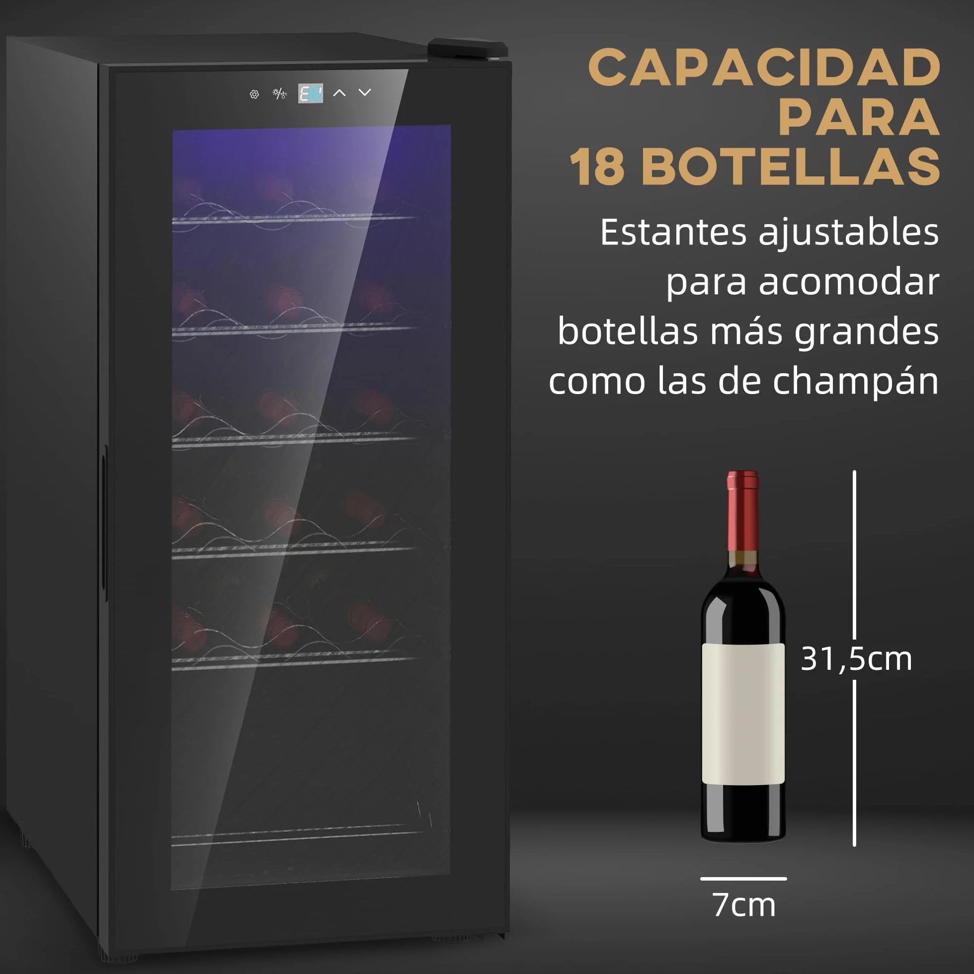 HOMCOM Nevera Vinos 18 Botellas 50L Vinoteca con Luz LED Interior Pantalla LED Táctil Digital Control de Temperatura Puerta de Vidrio Anti-UV y 5 Estantes de Metal Negro