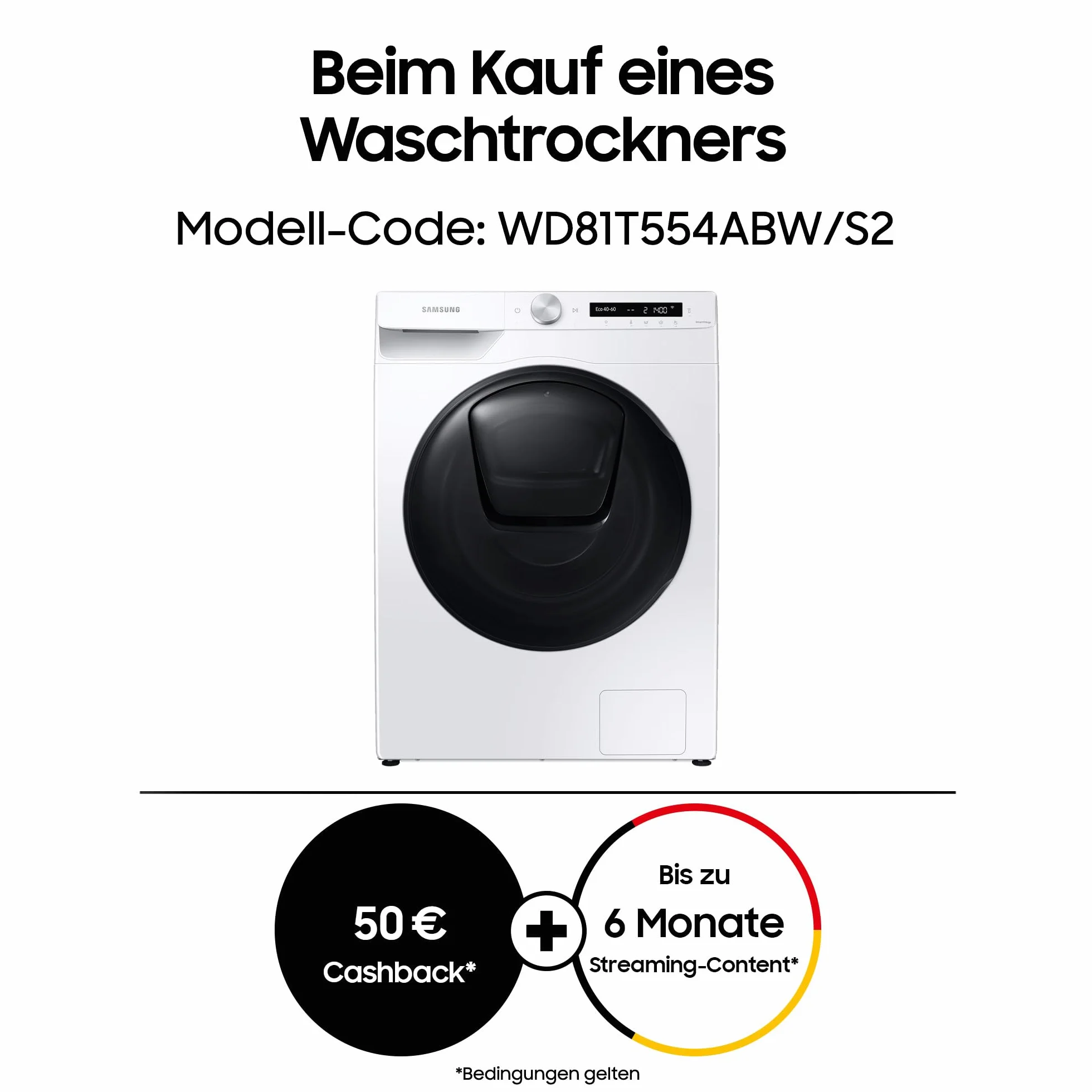 Samsung WD81T554ABW/S2 - Secador de lavado (8 + 5 kg, eficiencia energética: C/E (W/W+D), 1400 rpm, espuma activa, AddWash, WiFi, AirWash, vapor higiénico, manchas intensas, nivel de ruido A)