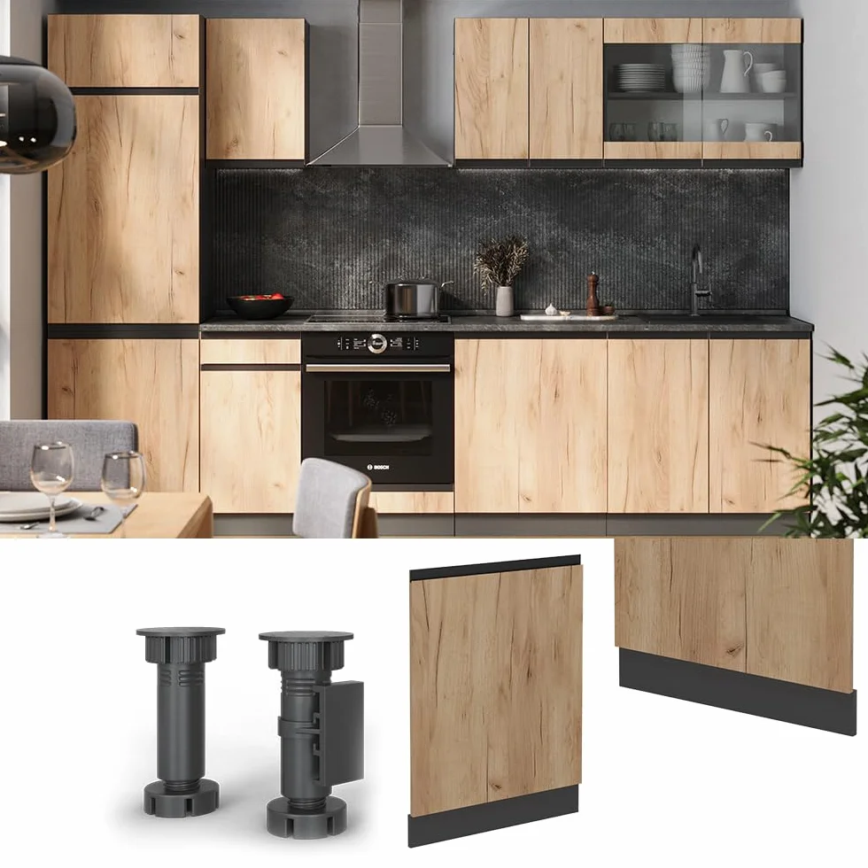 Vicco Panel Frontal del lavavajillas R-Line, Roble Dorado, 60 cm J-Shape sin encimera, para combinación Libre Dentro de Sistemas de Cocina modulares