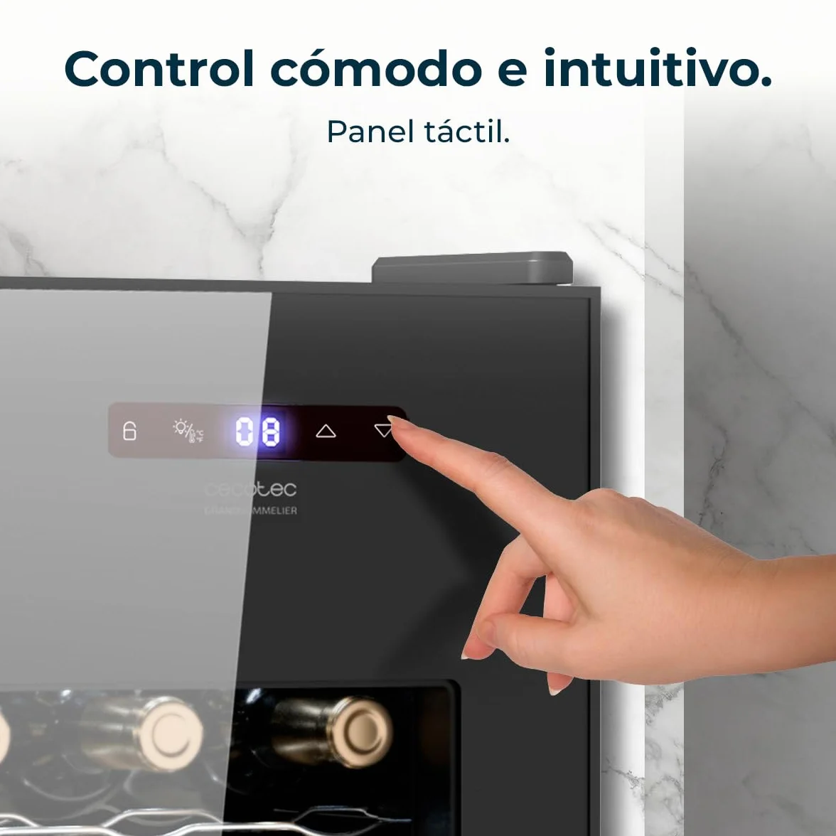 Cecotec Vinoteca Bolero GrandSommelier 1550 CoolCrystal. Bodega para 15 botellas, temperatura ajustable de 5-18ºC, enfriamiento termoeléctrico, silenciosa con 35 dB, panel táctil y LED eco-friendly.