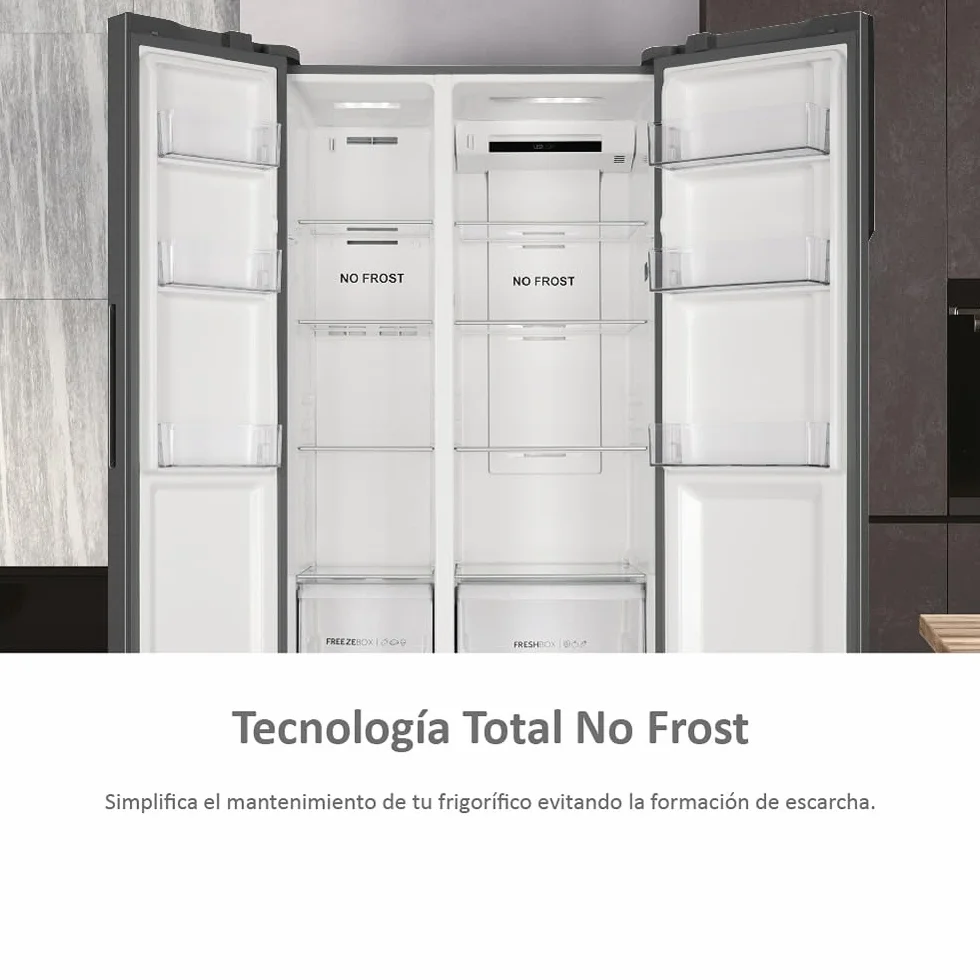 Haier SBS 90 Series 3 HSR3918ENPG - Frigorífico Side by Side, Americano, Apertura 90 grados, Tecnología Antibacterias, Capacidad XXL 528 L, Total No Frost, Clase E, Inox, Gris, 177,5 x 90,8 x 64,7 cm