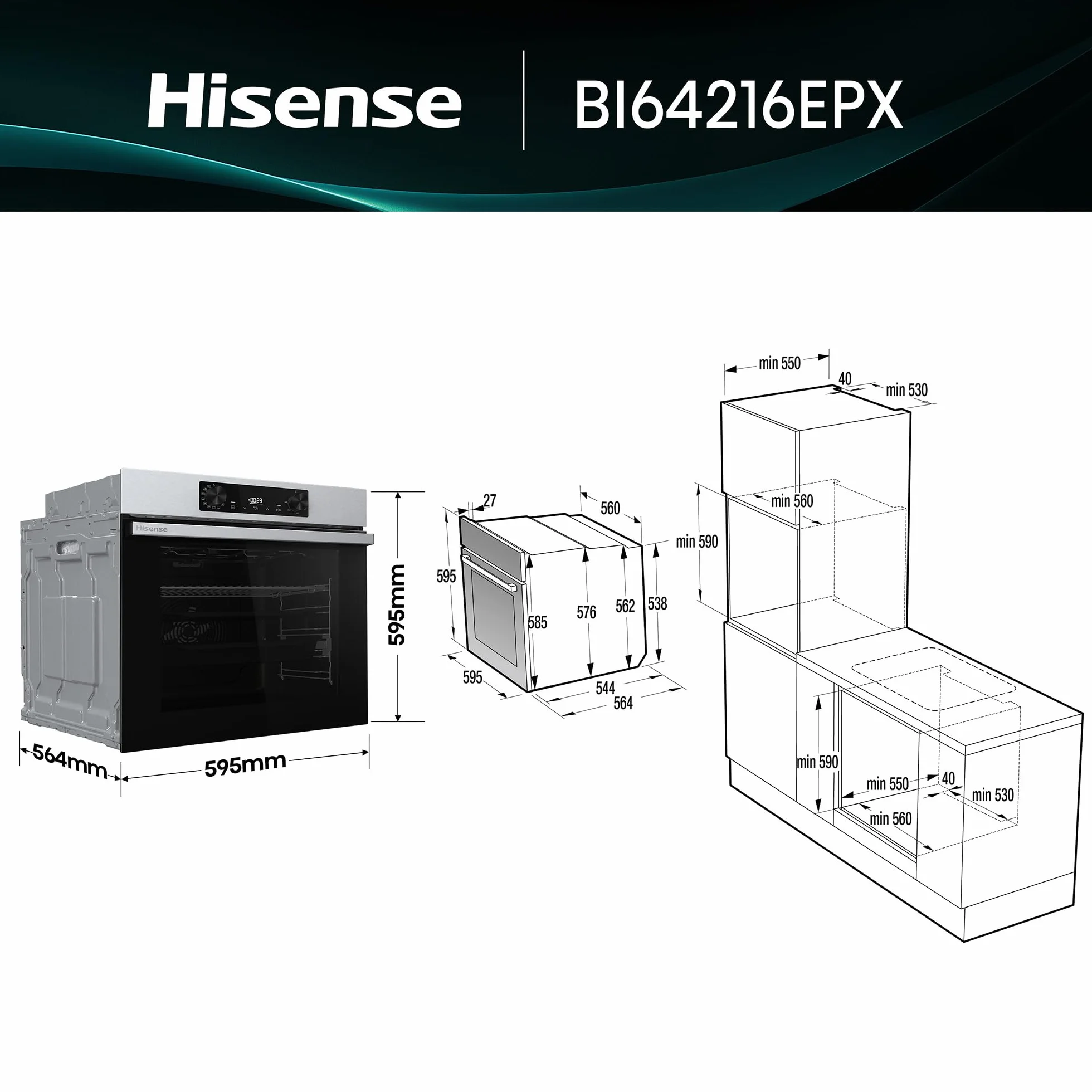 Hisense BI64216EPX - Horno Multifunción Pirolítico, Clase A++, 78L, Fondo 57cm, Guía Telescópica, Calentamiento Rápido, Apertura Y Cierre Suave de Puerta, Air Fry, Modo Pizza, Modo Congelados, Inox