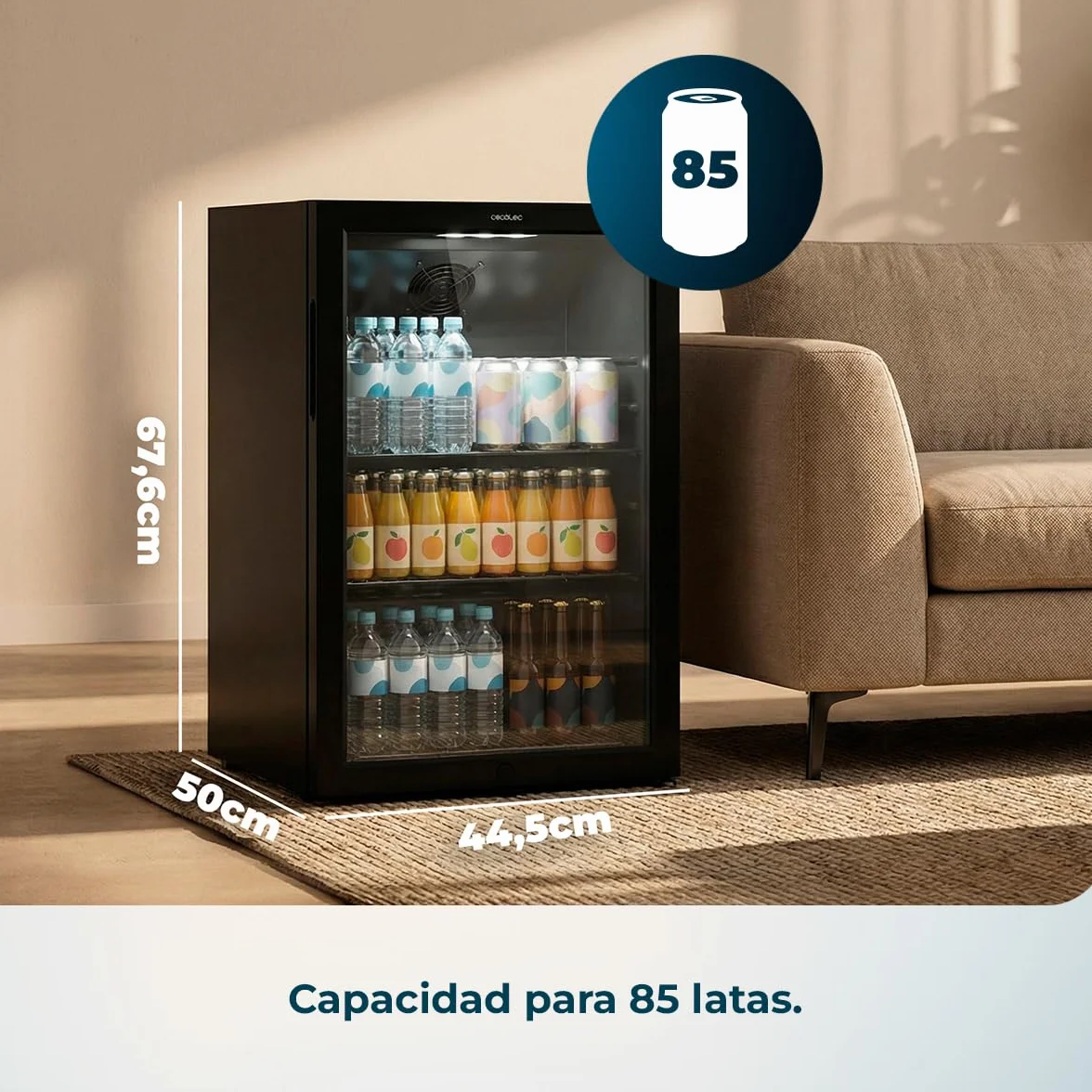 Cecotec Mini Frigorífico con Puerta de Cristal Bolero CoolMarket BC 72 Black, 72 Litros de Capacidad, 44,5 cm de Ancho, 67,8 de Alto, Iluminación LED interior, Temperatura 0ºC a 10ºC