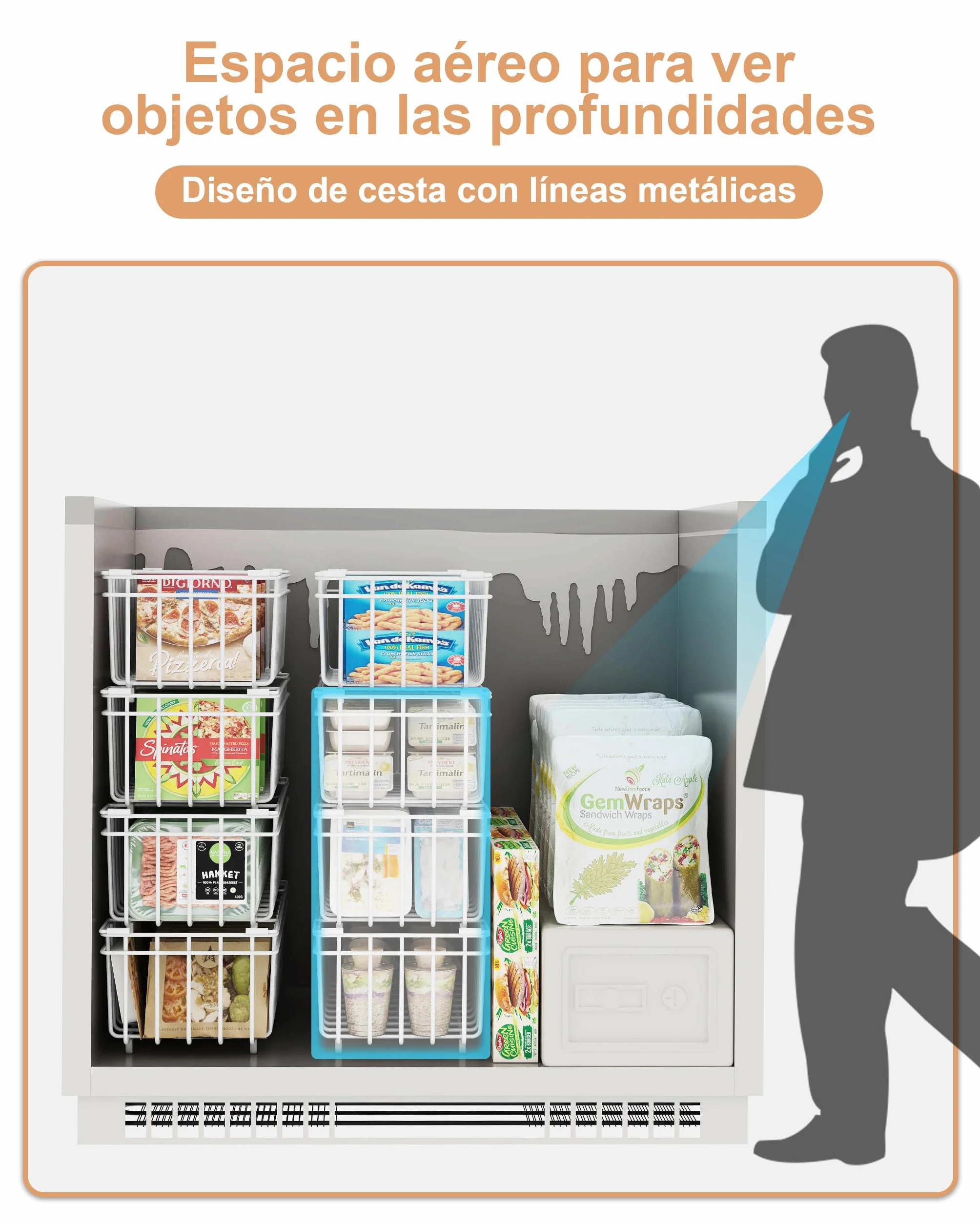 UMDONX Cesta para Congelador de 4 piezas blanco - Cestas apilables para congelador con asa, fácil acceso, para congelador de 198L, organizar ingredientes congelados (37x18x15cm)