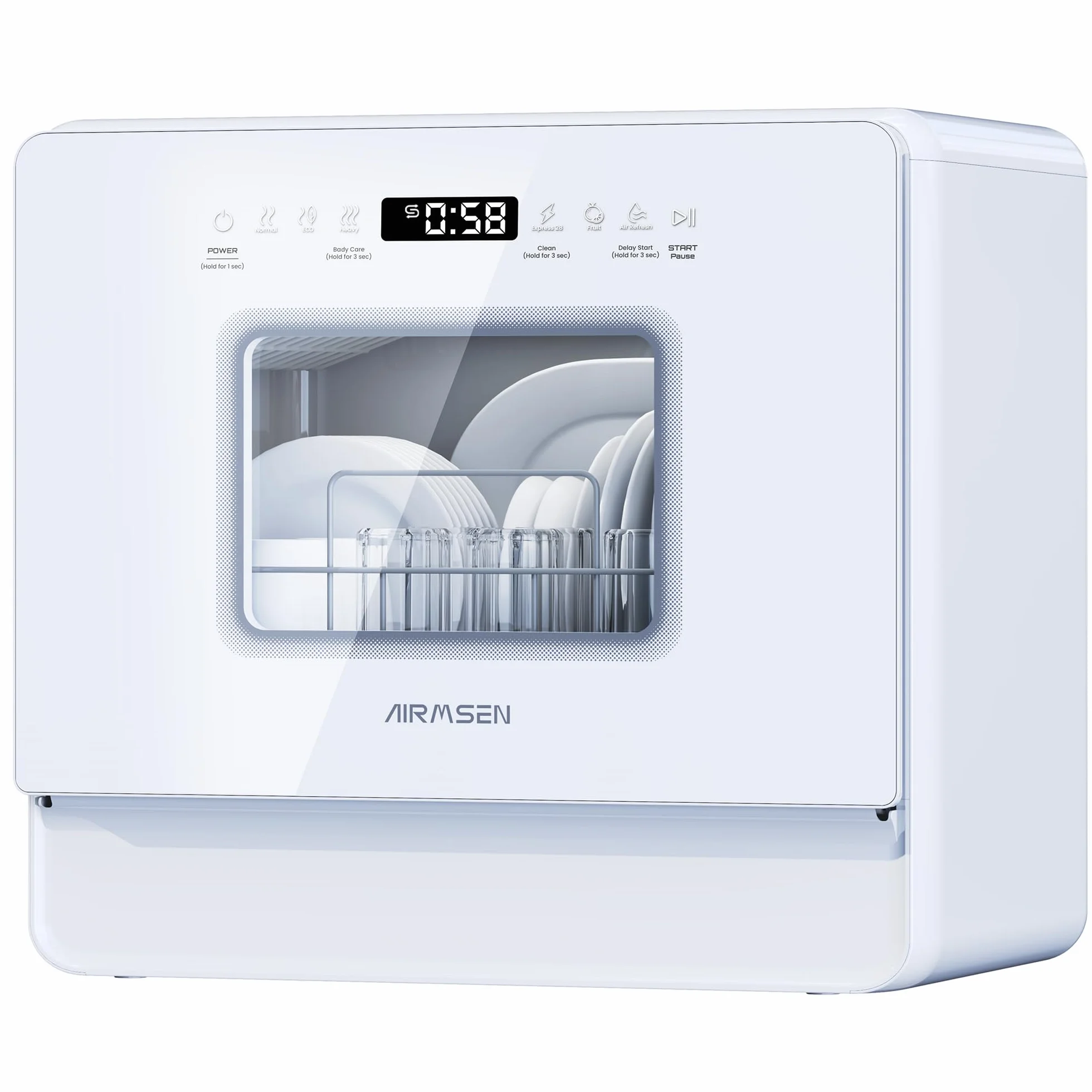 AIRMSEN Lavavajillas Portátil Pequeño con 7+2 Programas, Función de Sal Absoftante Depósito de 5L Control Táctil y Pantalla LED, Para Cocinas, Apartamentos y Dormitorios, Blanco