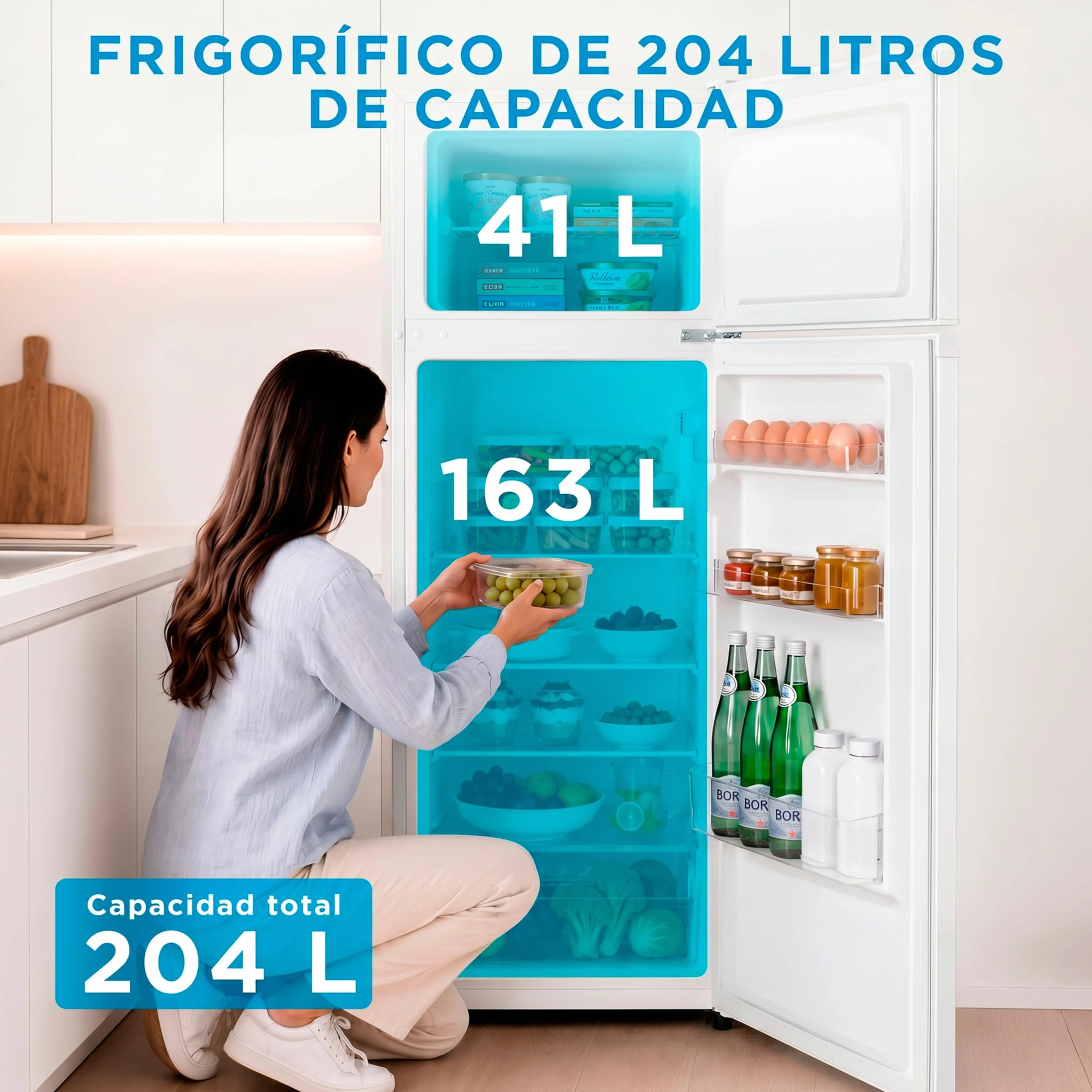 Midea Frigorífico 2 puertas 140 cm alto x 55 cm ancho, Blanco, Capacidad 204 L, Nevera Pequeña con Congelador Low Frost de Bajo Consumo, Puerta Reversible, Luz LED, Silencioso 40dB, Cajón de Frutas