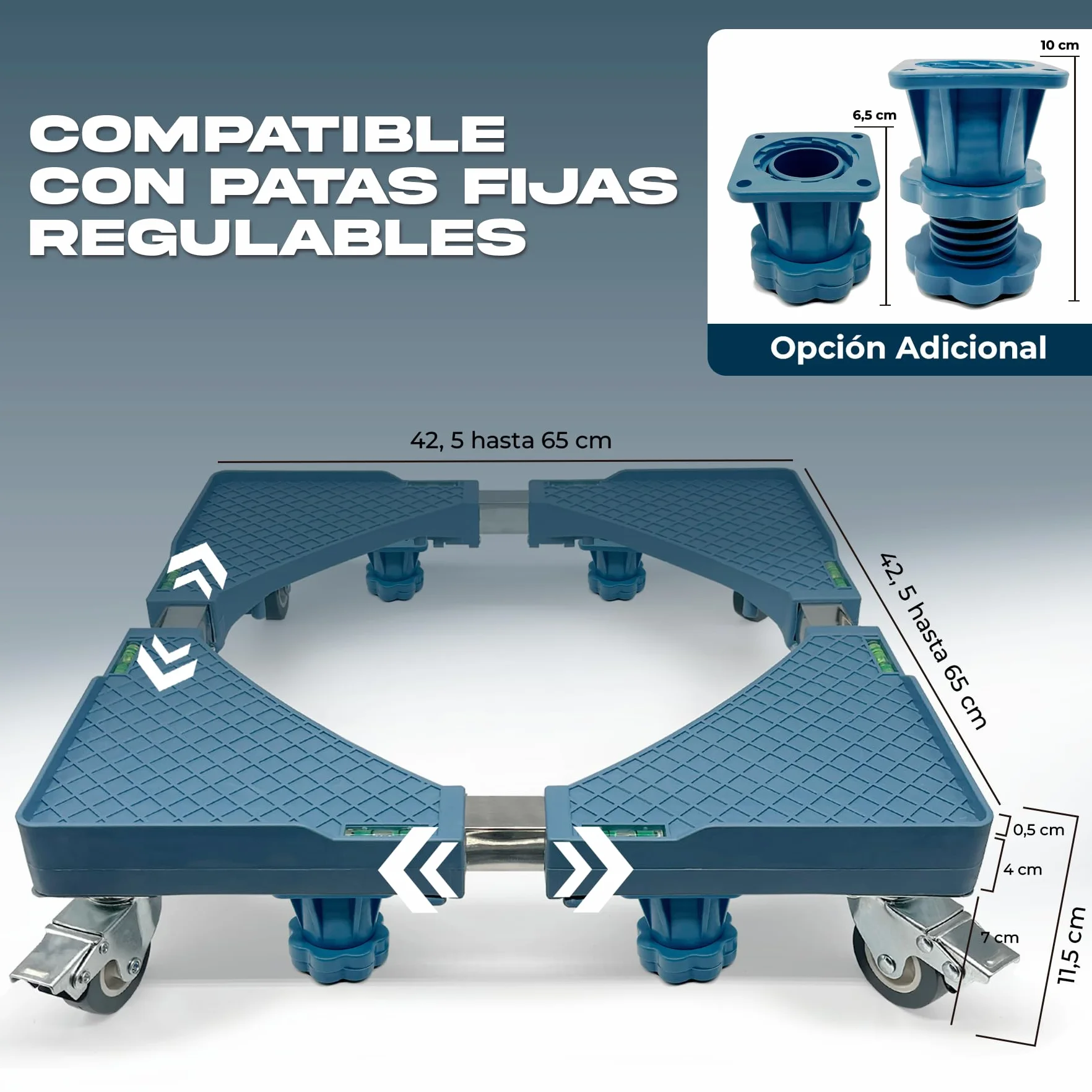 Base Regulable Carro para Lavadora con Ruedas Cia&Co – Soporte Ajustable 42,5–65 cm – Plataforma Móvil profesional hasta 300 kg – Para Frigorífico, Secadora y Electrodomésticos (BASE + 4 RUEDAS)