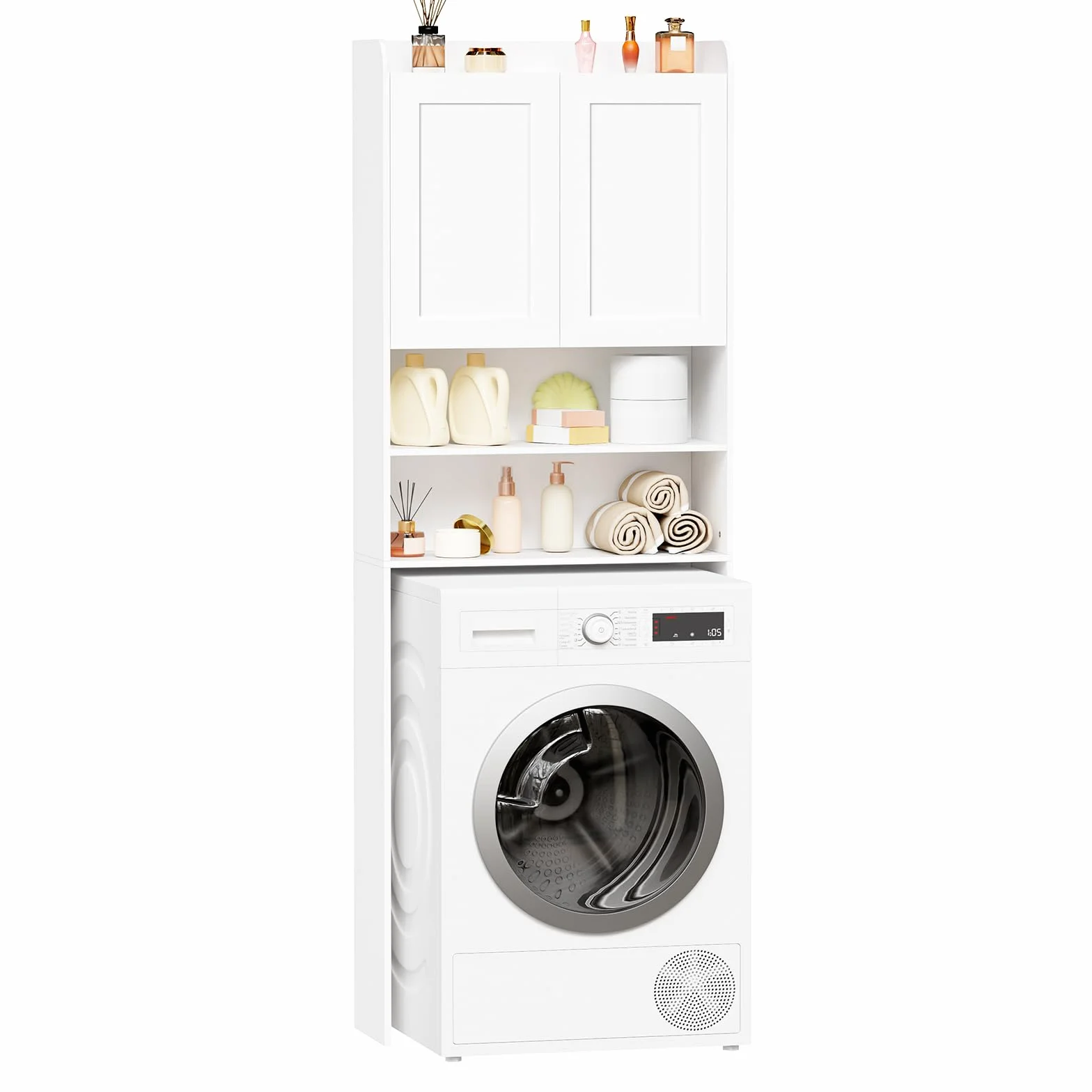 BEWISHOME Estantería sobre Lavadora,Mueble para Lavadora con Estantes Ajustables,2 Puertas y 2 Espacios Abiertos,Armario instalable sobre Lavadora,Inodoro y Secadora,24×65×185 cm,Blanco EYYG19W