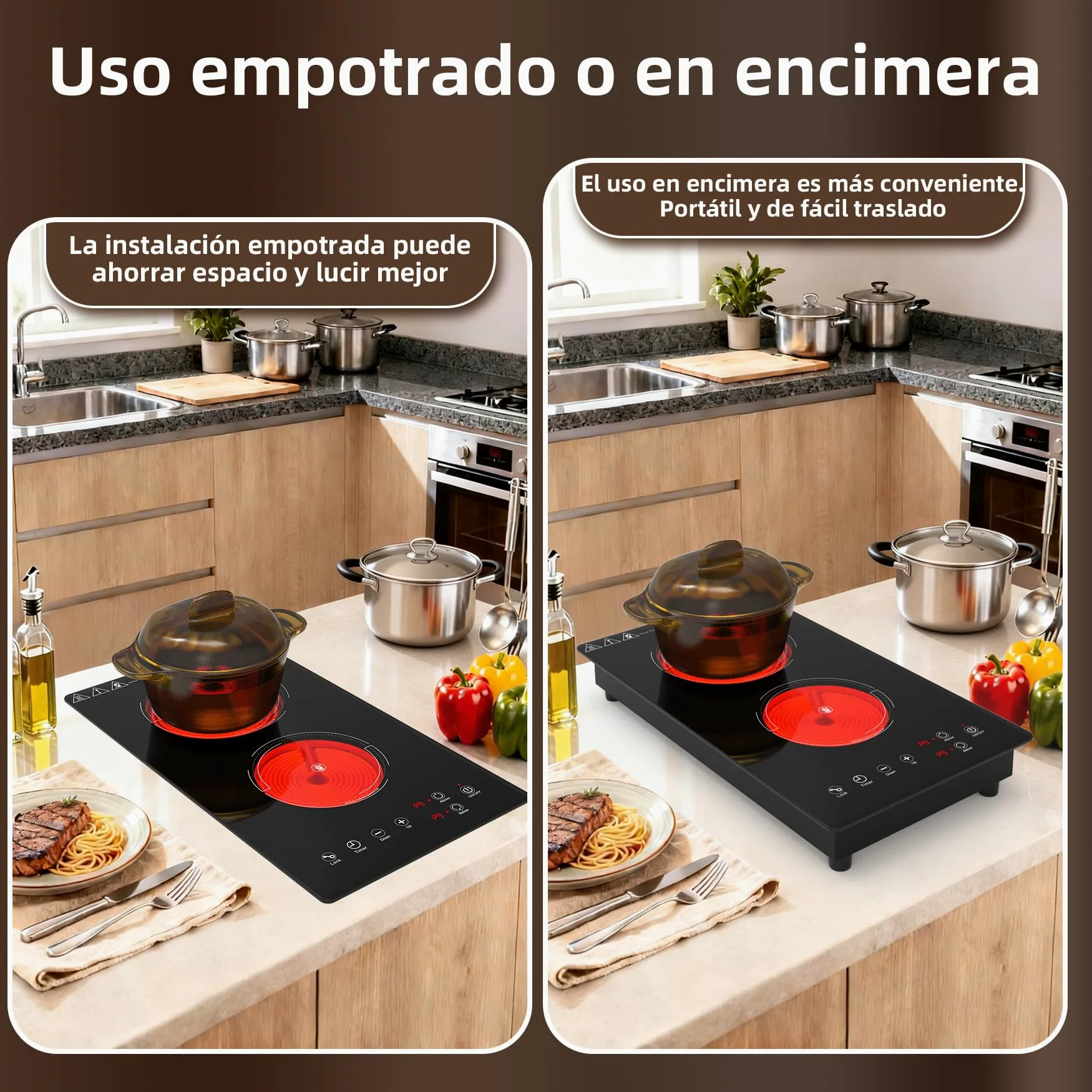 VBGK placa vitroceramica，220V 3000W placa de vitroceramica con control táctil LED, 9 niveles de potencia, bloqueo de seguridad infantil, temporizador de 4 horas y protección contra sobrecalentamiento.