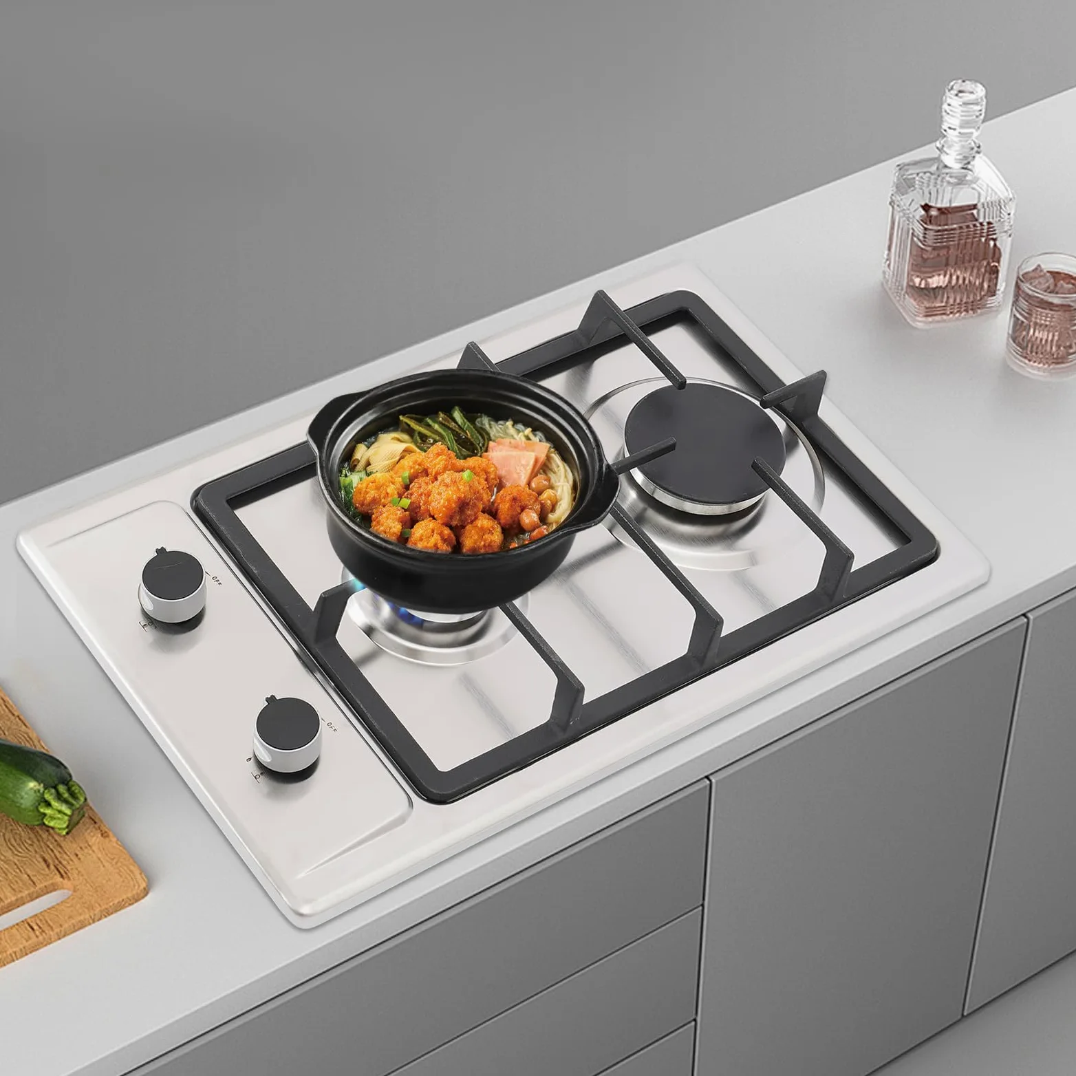 2 hornillos de gas empotrables, 3 kW + 1,75 kW, con boquilla reversible (LPG/NG), cocina de gas compacta de 51 x 31 cm, regulador independiente para camping, autocaravana y cocina (plata)