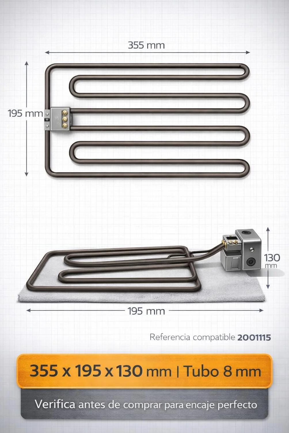 RO Linea Blanca ® Resistencia Freidora 3200W 230V Con Caja Conexion Tipo Enchufe Repuesto Inmersion Compatible con Jemi J6 N10 Serie 600 Medidas 355x195mm Tubo 8mm Calentamiento Rapido Hosteleria