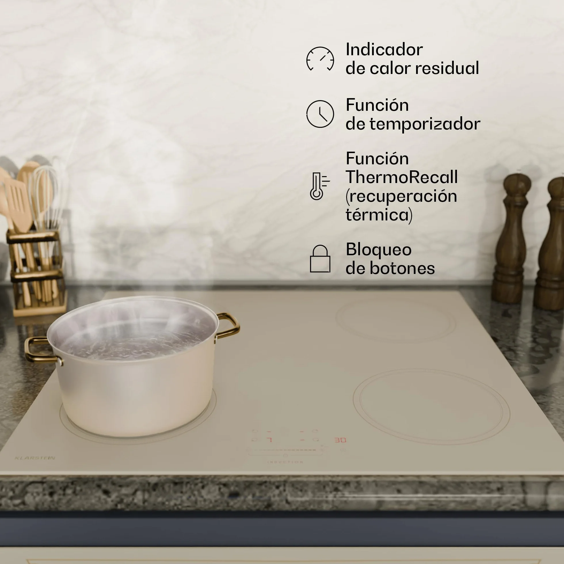 Klarstein Victoria Placa Inducción - 4 Zonas, 7000W Con Potenciadores, Control Deslizante, Temporizador & Bloqueo Infantil, Cristal Cerámico Crema, Diseño Encastrable 59cm