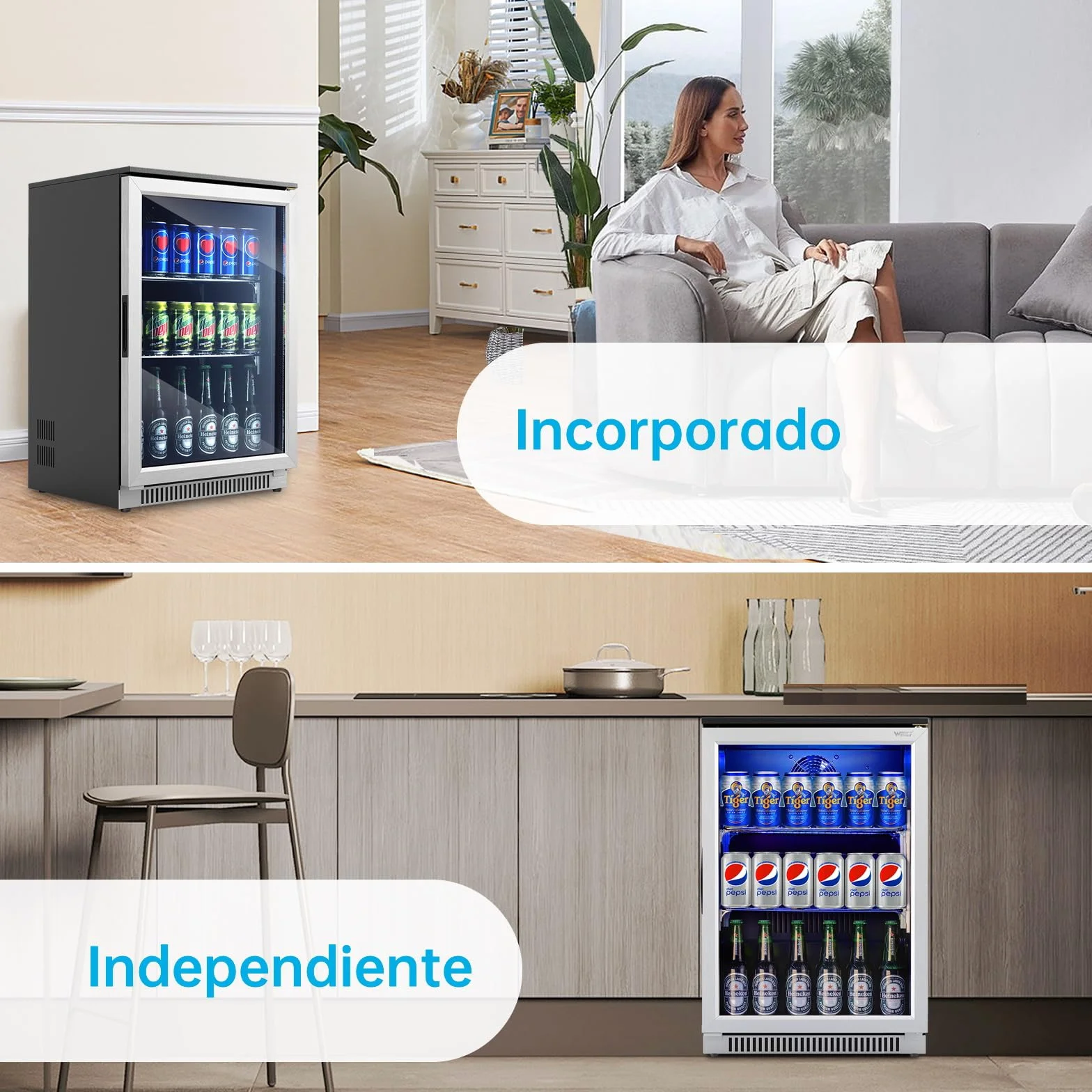 Weili 90L Frigoríficos para Bebidas, Refrigerador con Puerta de Vidrio con Iluminación LED Azul, Nevera Portatil Electrica Rango de Temperatura 3-10°C, Refrigeradores de Vino para Cerveza/Jugo