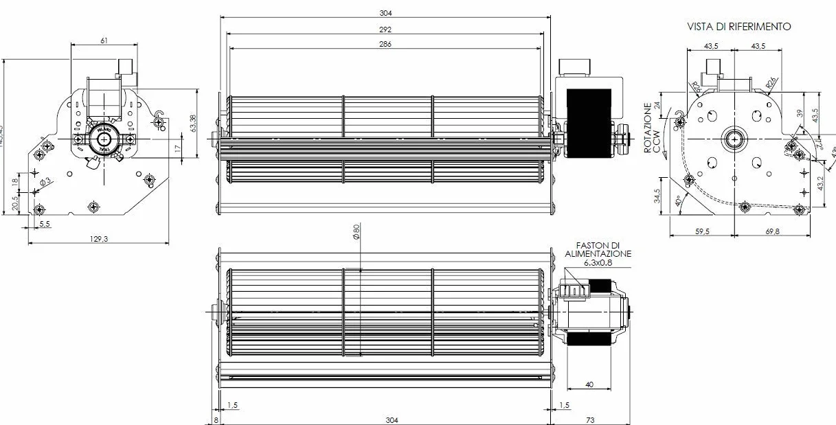 AGRIPRO Ventilador tangencial Trial 8A130B-001 DN 80 Ventilador 30 cm Motor derecho Extraflame para estufas (incluyendo estufas de pellets y otras con las mismas medidas)
