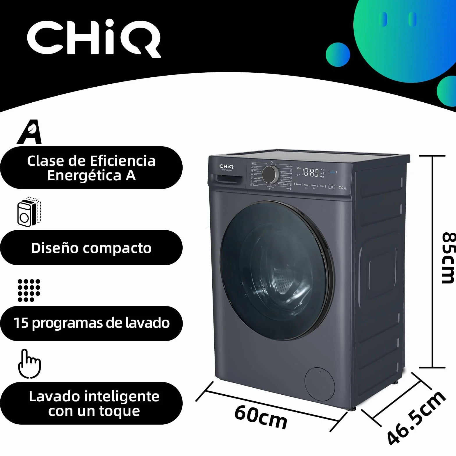 CHiQ Lavadora Carga Frontal 7kg 1200 RPM Motor Inverter Clase A Gris
