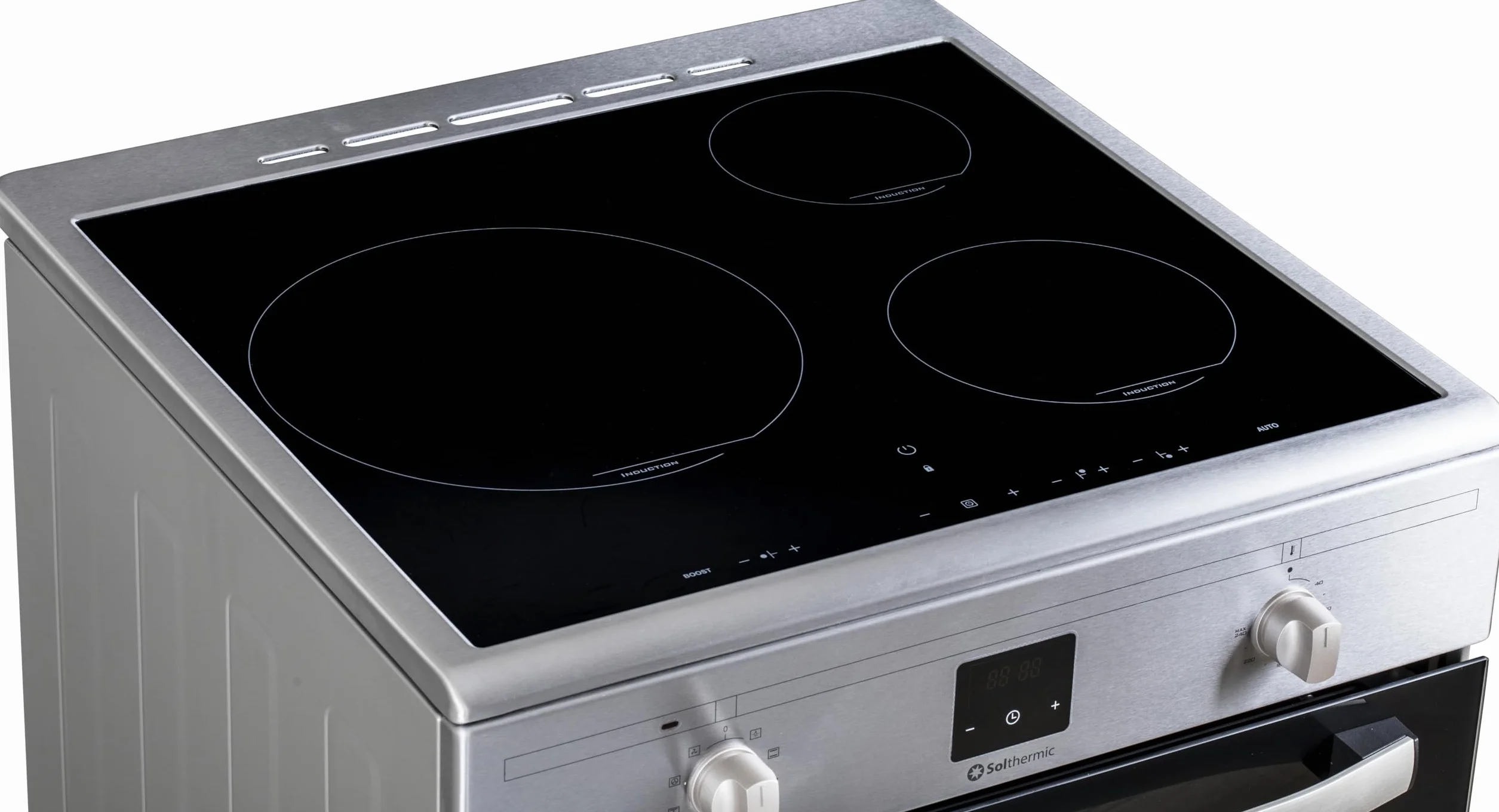 INDUCCION SOLTHERMIC COCINA VTI60 ACERO INOXIDABLE/HORNO GRAN CAPACIDAD CON TURBO 60L / FUNCIONES BOOSTER, ALTA POTENCIA, CALENTAMIENTO RÁPIDO / 3 ZONAS (1 GRAN ZONA) / BAJO CONSUMO (A)