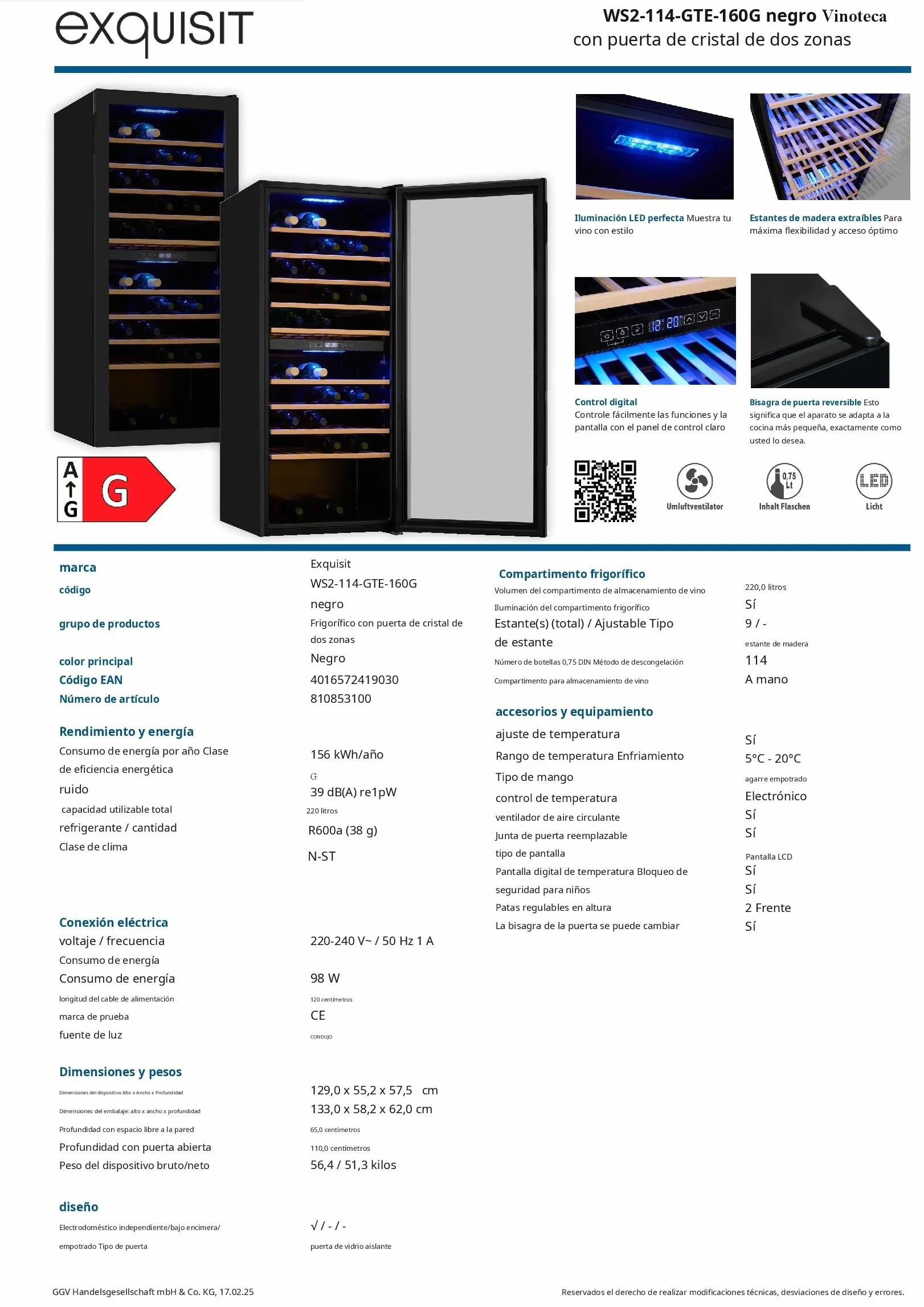 Exquisit® Vinoteca para 114 Botellas, 220L, Negro, Clase G, Dos Zonas de Temperatura 5-20°C, Control Digital LCD, Puerta de Cristal Reversible, Medidas (129,0 x 55,2 x 57,5 cm)