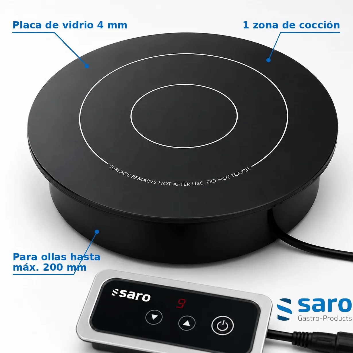 SARO EVA Placa de inducción empotrable, para ollas de hasta 200 mm Ø, pantalla táctil, 9 niveles de calor, indicador LED, temperatura 60-100 °C, 1 kW