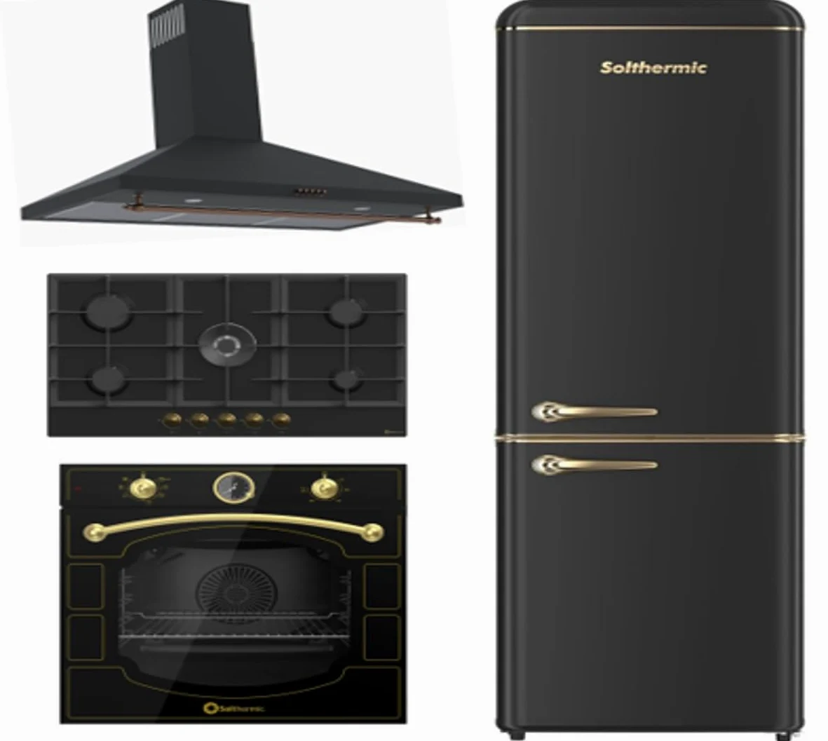 SOLTHERMIC PACK 4 EN 1 NEGRO RUSTICO ACABADOS DORADOS/CAMPANA DECORATIVA H90PR 90 CM, ENCIMERA DE GAS 90 CM BL041, HORNO Y COMBI 20 FCR188N 1,88 CM alto x 55 de ancho y 220L