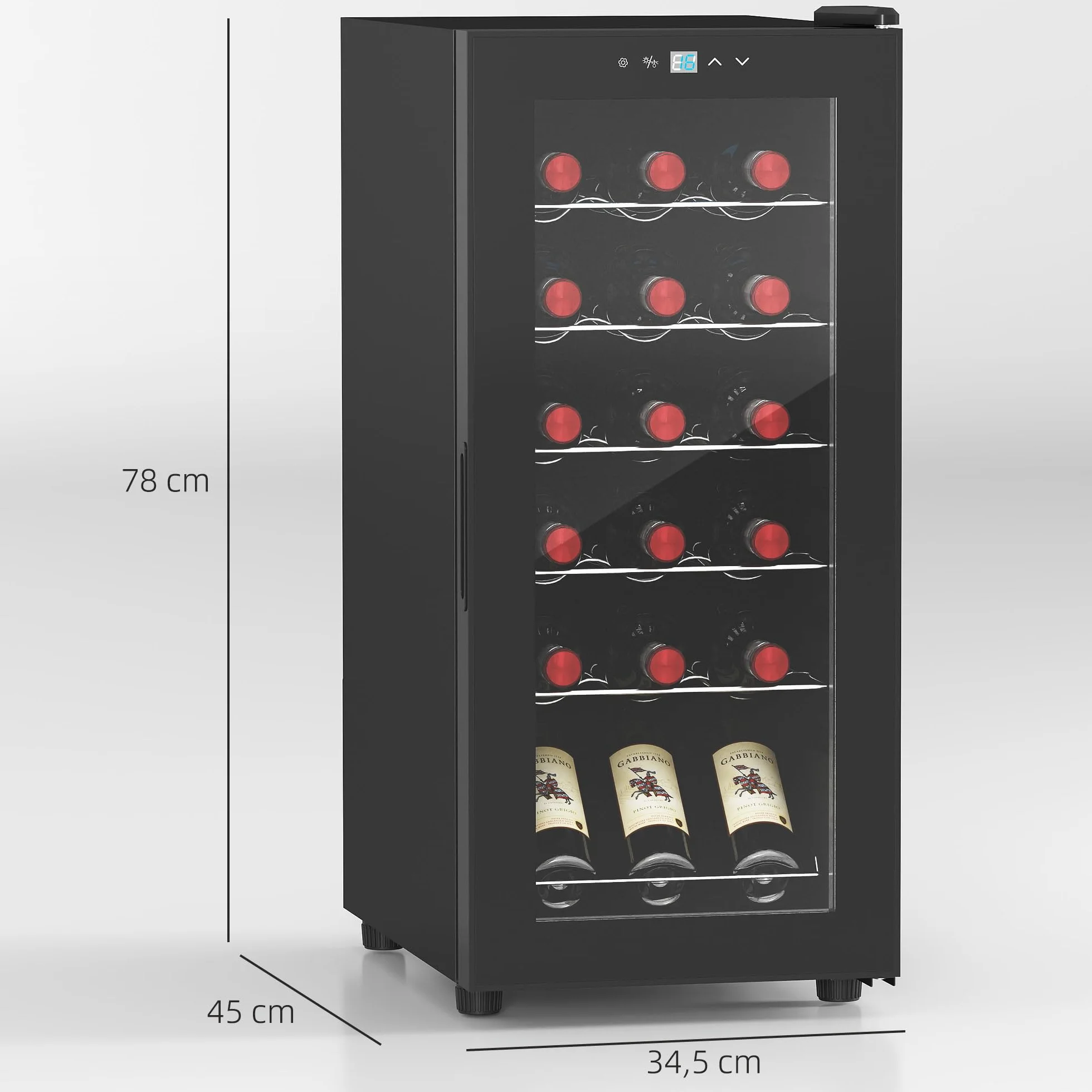 HOMCOM Nevera Vinos 18 Botellas 50L Vinoteca con Luz LED Interior Pantalla LED Táctil Digital Control de Temperatura Puerta de Vidrio Anti-UV y 5 Estantes de Metal Negro
