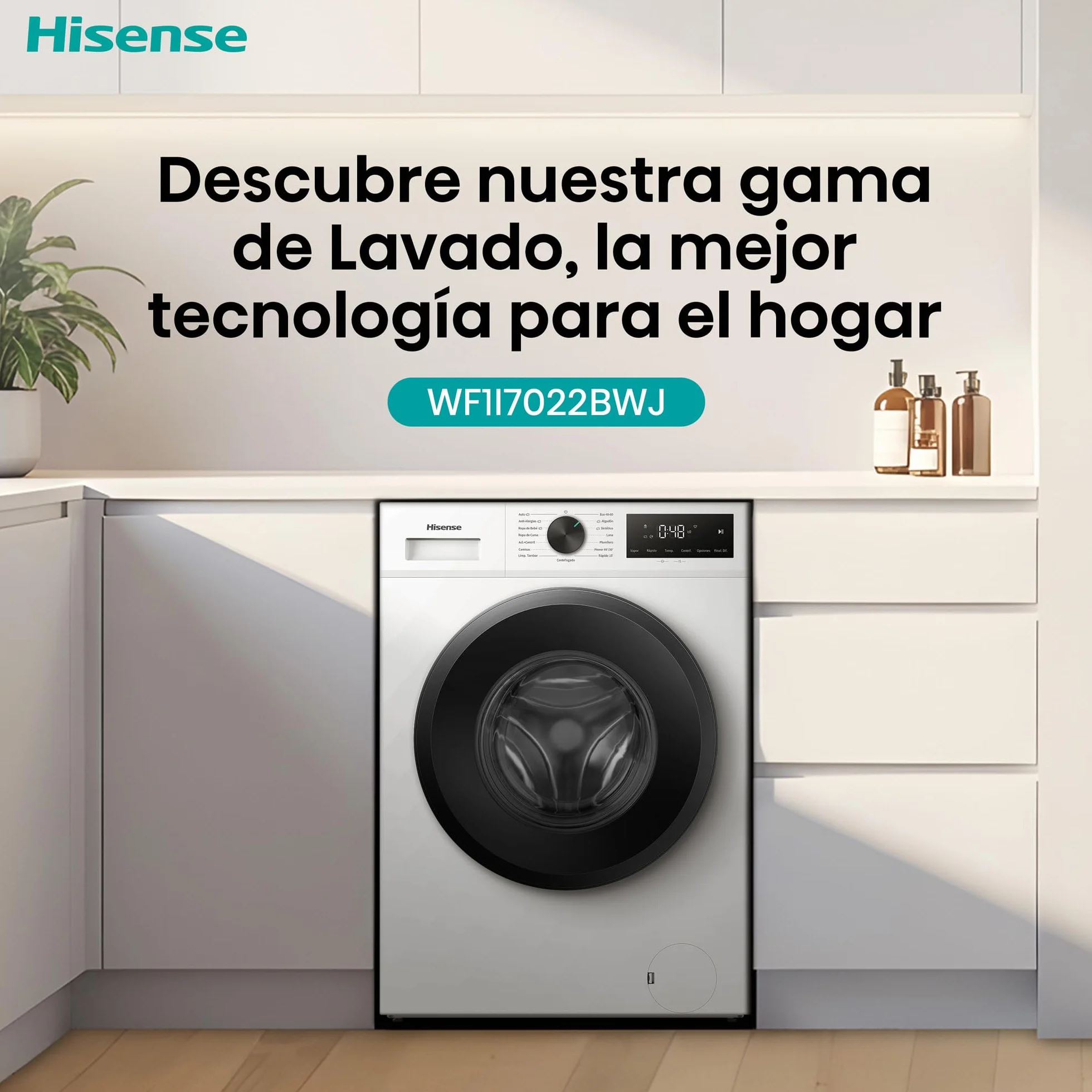 Hisense Lavadora 7Kg 1200 rpm Clase A Fondo 44cm Vapor 99,9% Blanco