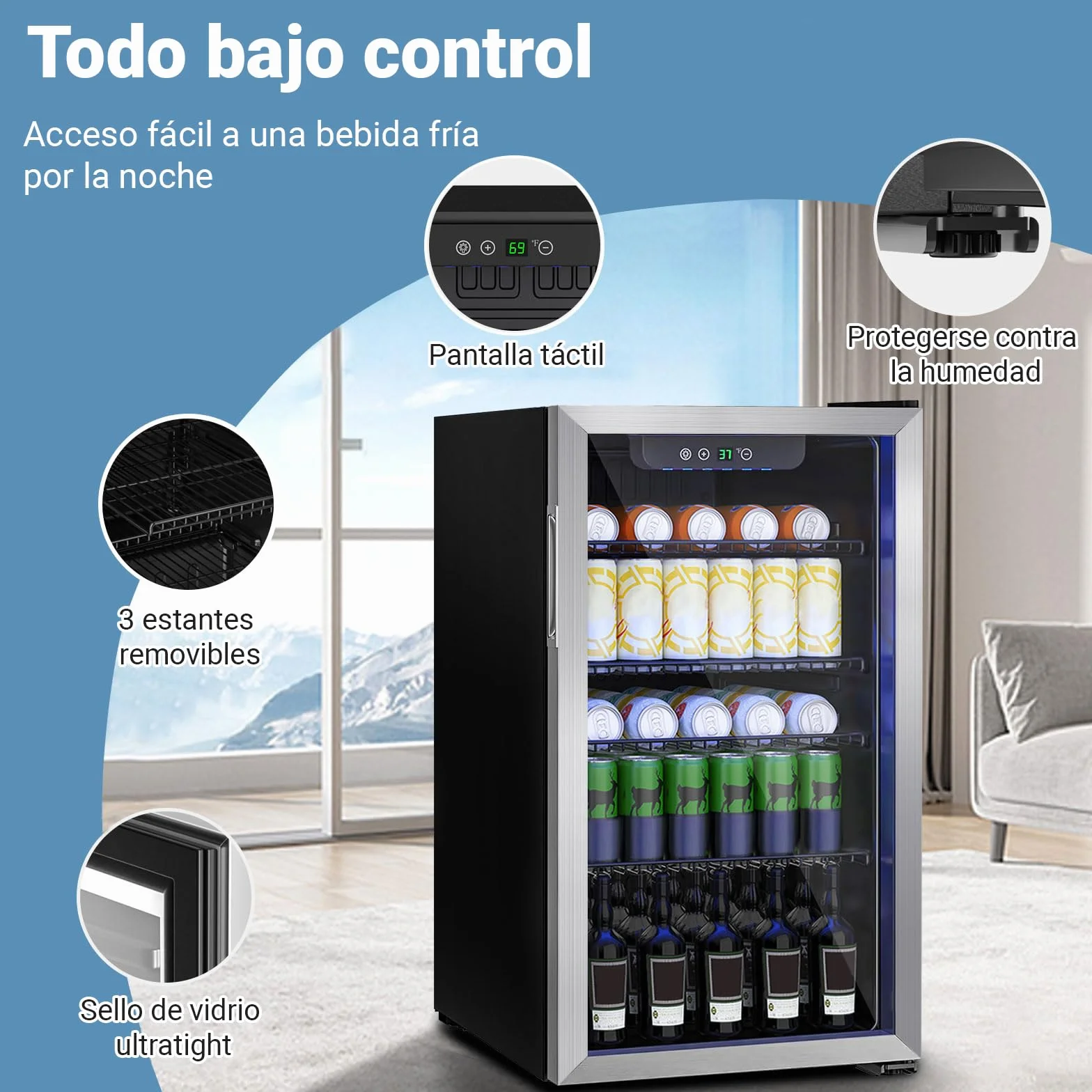 Mini refrigerador de 80L, refrigerador independiente para bebidas con capacidad para 115 latas puerta de transparante para, refrigerador pequeño con estantes ajustables (plateado)