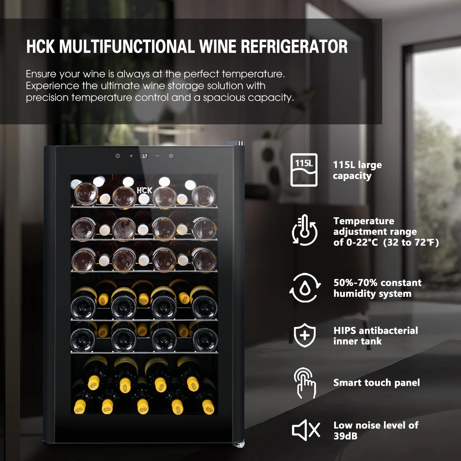HCK Vinoteca, Nevera para Vinos 1 Zona de Refrigeración, 48 Botellas, 115 L, 4-22°C, Pequeña Nevera de 85 cm de Altura Con Panel Táctil, Silenciosa con Puerta de Vidrio, Negro