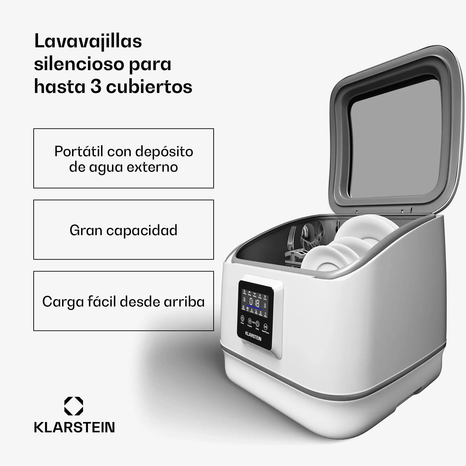 Klarstein SilentScrub lavavajillas encimera portátil compacto 3 cubiertos 7 programas pantalla táctil 55 dB