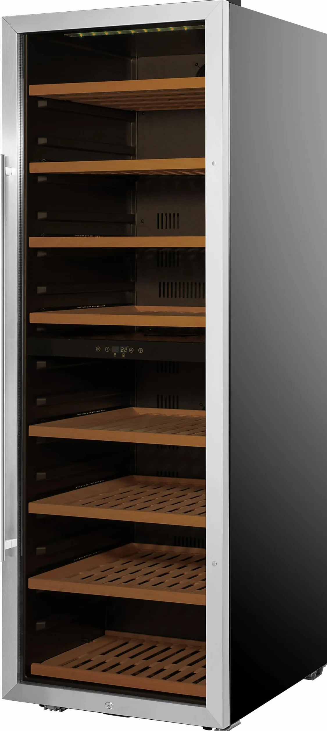 METRO Professional Vinoteca GWC1171D, acero inoxidable/vidrio, 8 estantes de madera, termostato digital, para 171 botellas de vino, con cerradura, negro/plateado