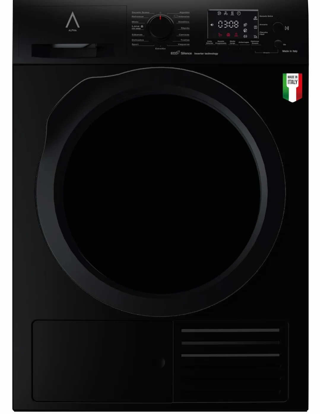 ALPHA Secadora TITAN Elite-9BC, Made in Italy, Bomba de Calor A+++, Negro Brillo, EcoSilence Inverter, 9kg *Alta Gama*