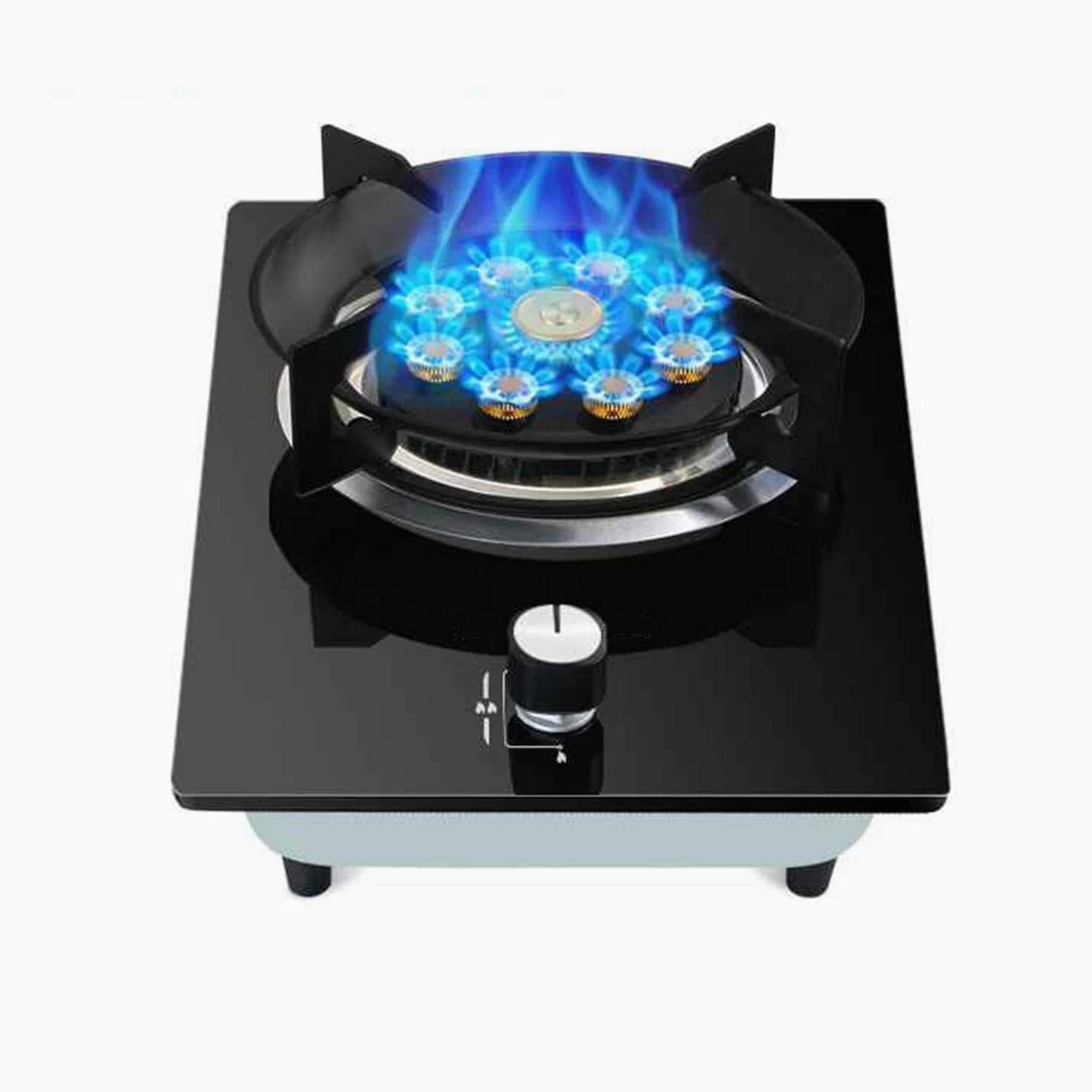 Estufa de gas de un solo quemador, cocina de fuego alto de 5,2 kW, reguladores de interior de catering, estante de hierro fundido de vidrio templado, con protección contra llamas