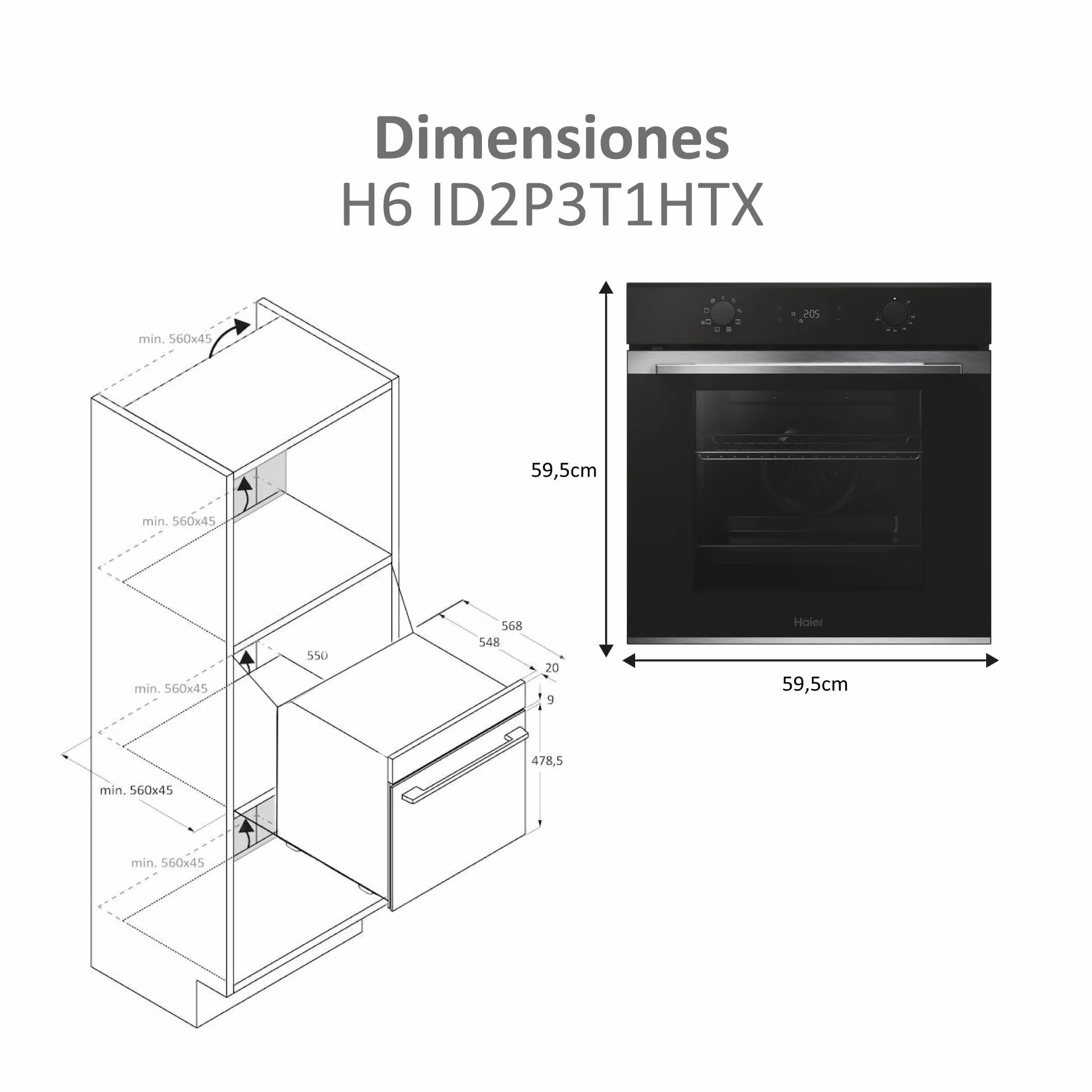 Haier ID Series 2 H6 ID2P3T1HTX - Horno Multifunción Hidrolítico, 78L, Cocción multinivel, 9 Funciones, Display táctil y mandos giratorios, Guía Telescópica, 2 Cristales en puerta, Negro e Inox