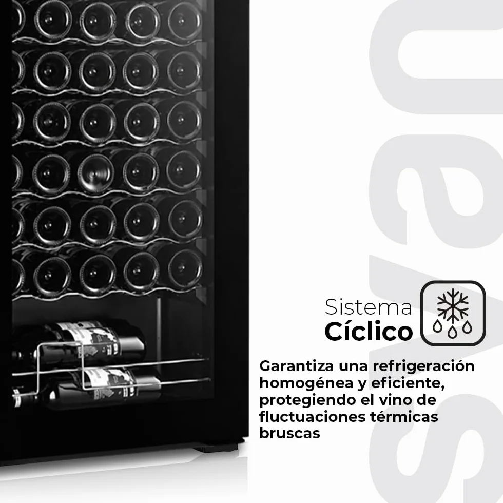 SVAN Vinoteca 55 Botellas Negro SVN5500S. 85W, Display LED táctil, Pantalla Digital Exterior, 10 Baldas de Madera, 1 Rejillas Metálicas, Clase de Eficiencia Enérgetica G