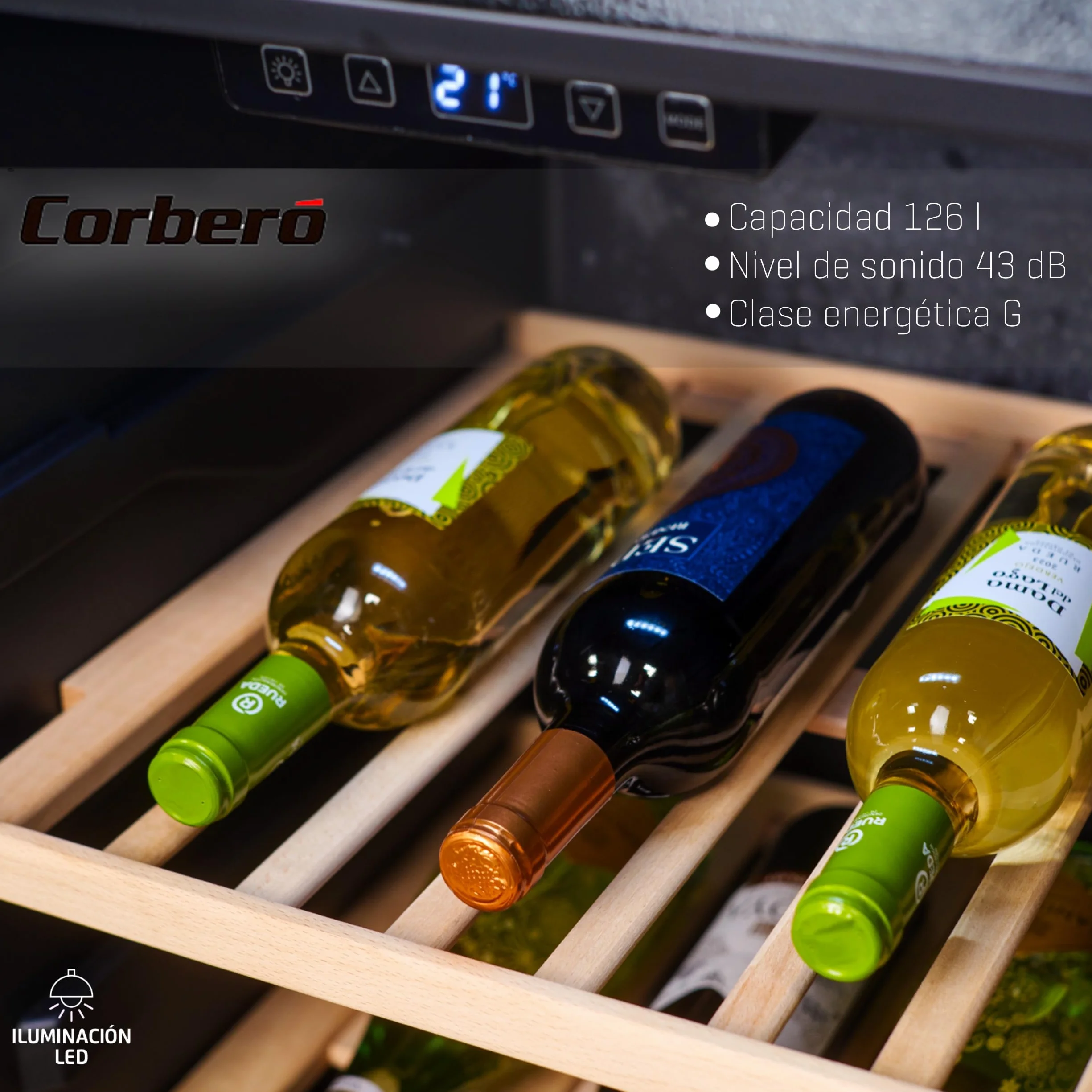 Corberó - Vinoteca CFKWC61SW | 126L | 61 Botellas | Puerta Cristal | Display LED | 2 Estantes Madera | Rango Temperatura 5-20ºC | Nevera para vinos | Negro