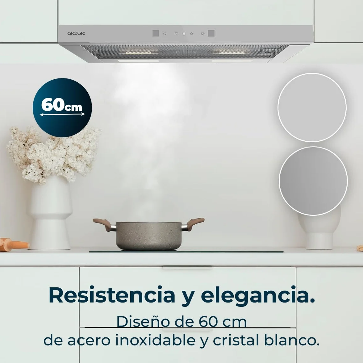 Cecotec Campana Extractora 60cm Telescópica Bolero Flux TLT 604400 Glass White A+++ 431,2m³/h Motor DC Control Táctil