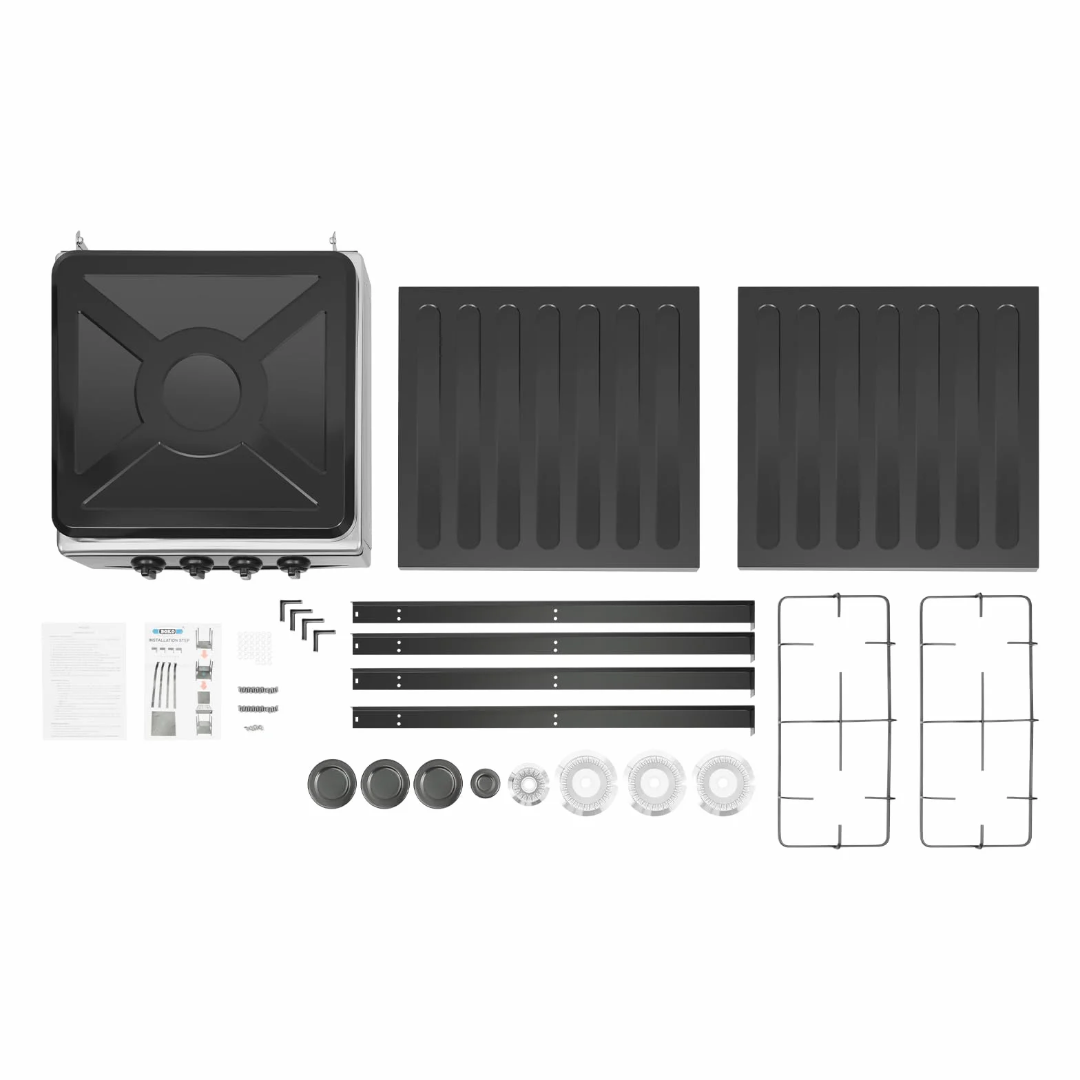 Cocina de gas independiente de 4 fuegos con estante, placa de gas para propano/gas natural, encendido manual, estufa de gas para camping, exterior, autocaravana, color negro, 49 x 49 x 79 cm