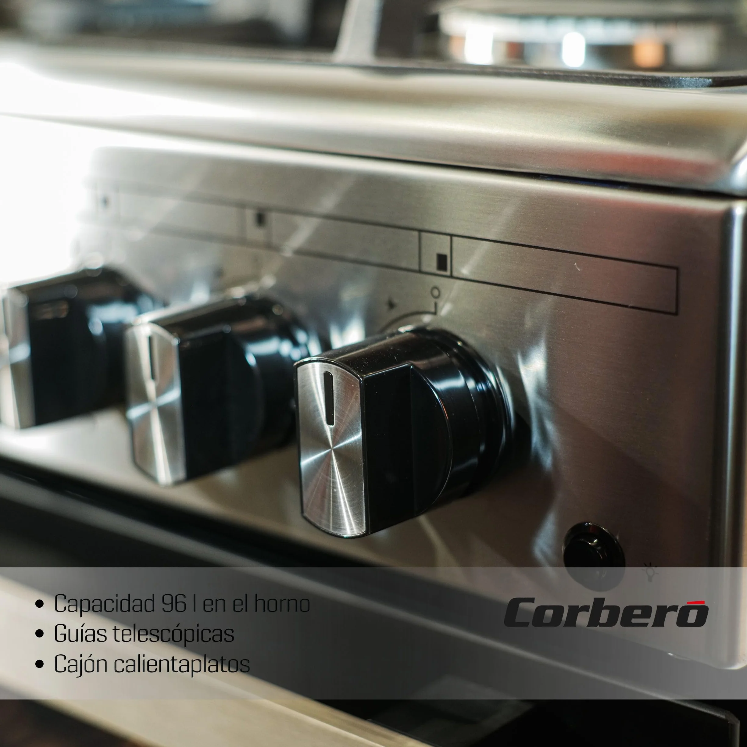 Corberó - Cocina de Gas Butano | CC900X | Horno 96L Panorámico | 5 Fuegos con Opción Wok | Autoencendido Integrado | Fácil Limpieza | Sin Tapa | Inox