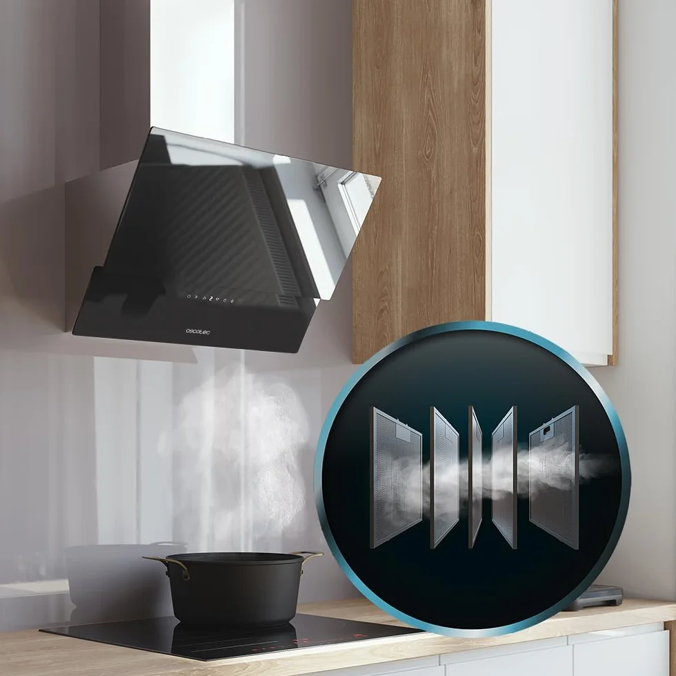 Cecotec Campana Extractora Decorativa 60 cm Bolero Flux DT 608001 Glass Black A++, 210W, Iluminación LED, Succión 800m3/h, Control Táctil, 3 Niveles, Filtro Carbono, Hand Movement, Delay Function