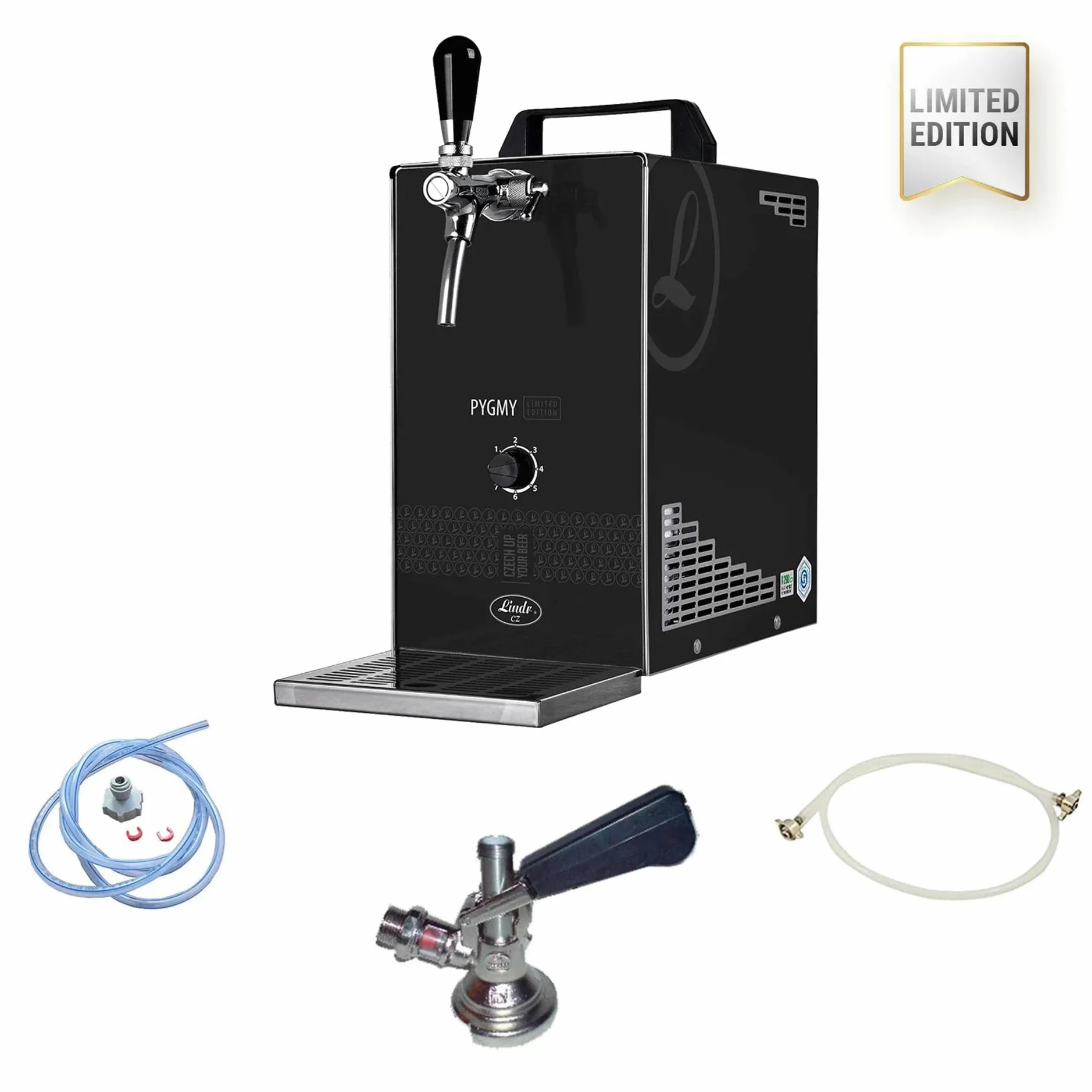 Kit Completo dispensador de Cerveza Pygmy 25/K Limited Edition con Bomba de Membrana, Enfriador seco monolíneo Acero Inoxidable 35 l/h Green Line, Cabeza de Grifo KeyKeg