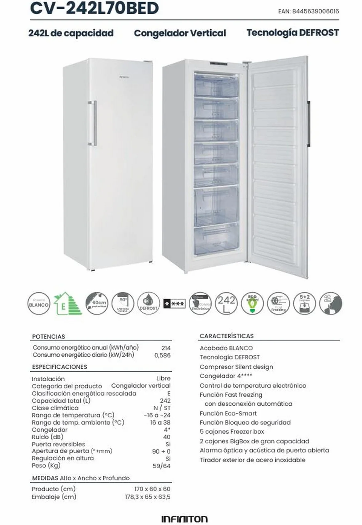 INFINITON Congelador Vertical CV-242L70BED, 242 L, Altura 170 cm, Fast freezing, 5 cajones Freezer box, 2 cajones BigBox de gran capacidad, Puerta Reversible, E, Blanco