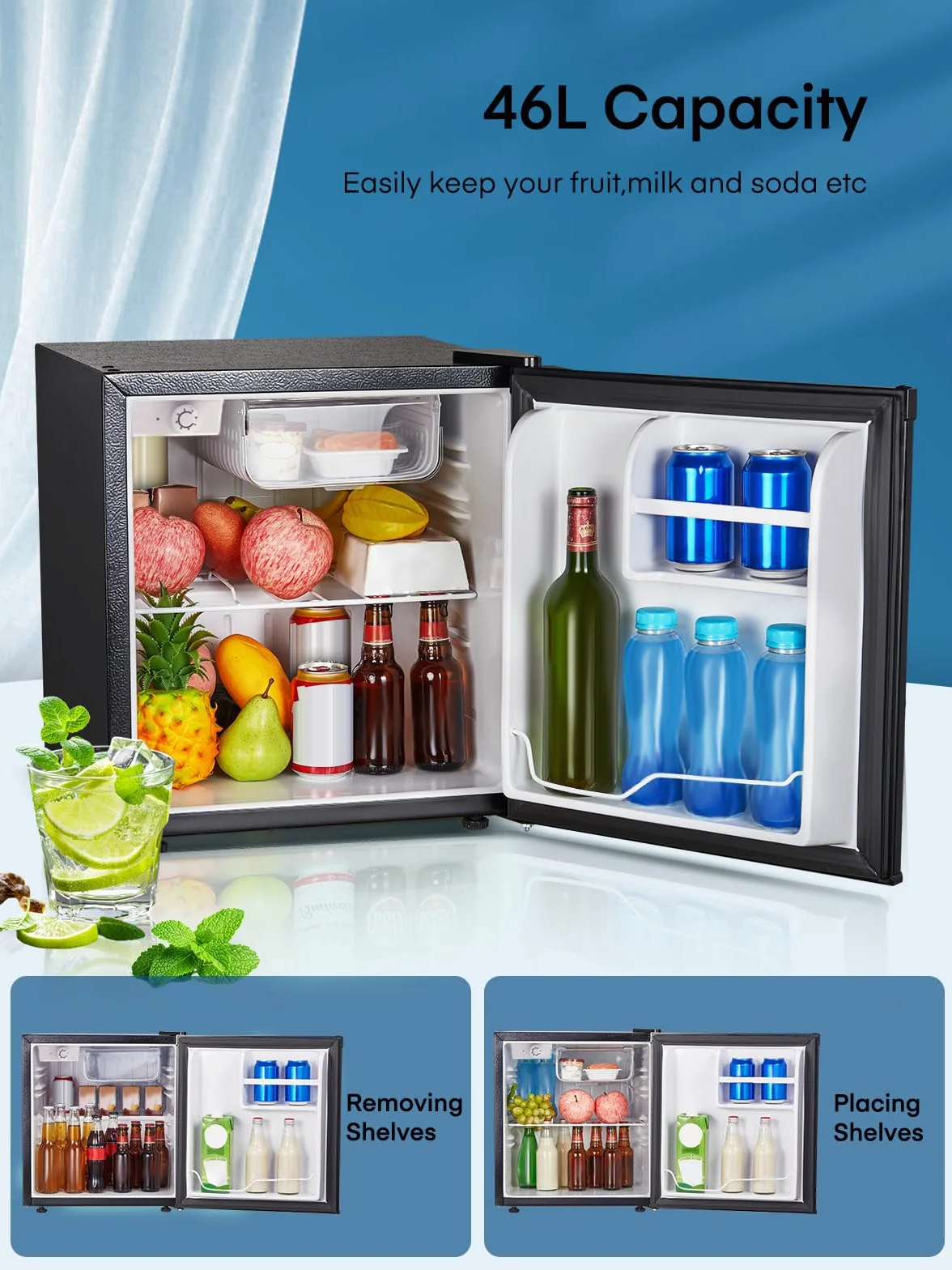 FOHERE Mini Frigorífico Bar 46L, Nevera Pequeña Silencioso, Control de Temperatura Regulable, Mono Puerta, Puerta Reversible, Bajo Consumo para Aplicaciones en Hotel, Hogar, Oficina, Negro