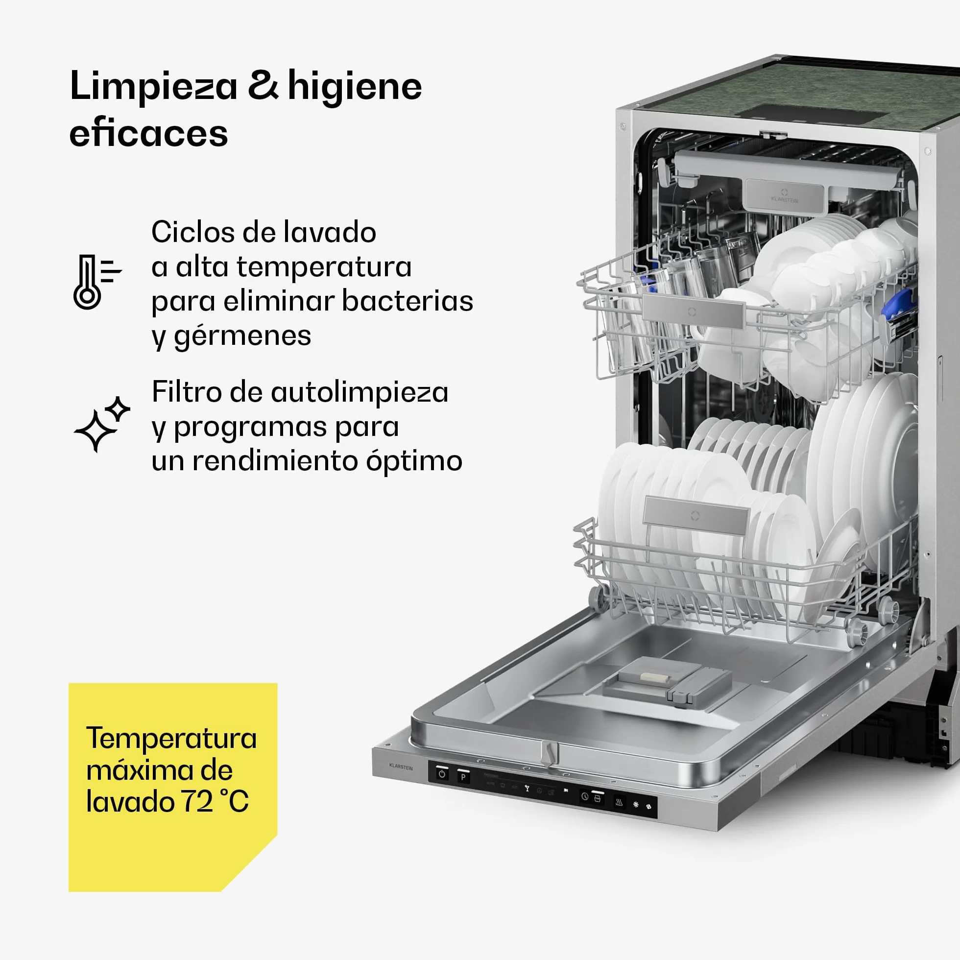 Klarstein Velaire Lavavajillas Integrable 45cm - 10 Cubiertos, 6 Programas, 42 dB, Clase B, AquaStop, Panelable, Totalmente Integrado, Acero Inoxidable
