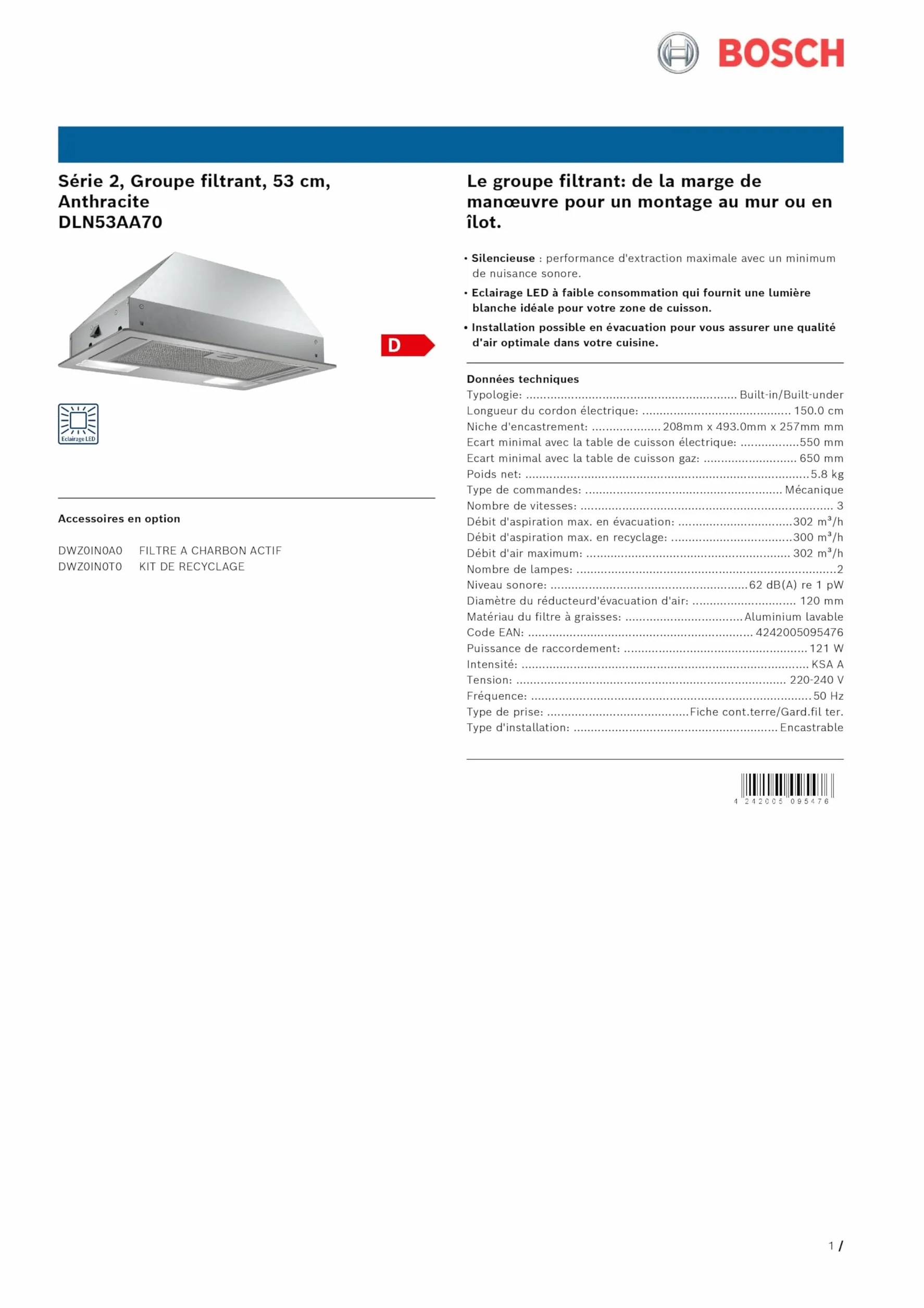 BOSCH SERIE 2 DLN53AA70 CAMPANA 302 M³/H ENCASTRADA ACERO INOXIDABLE D