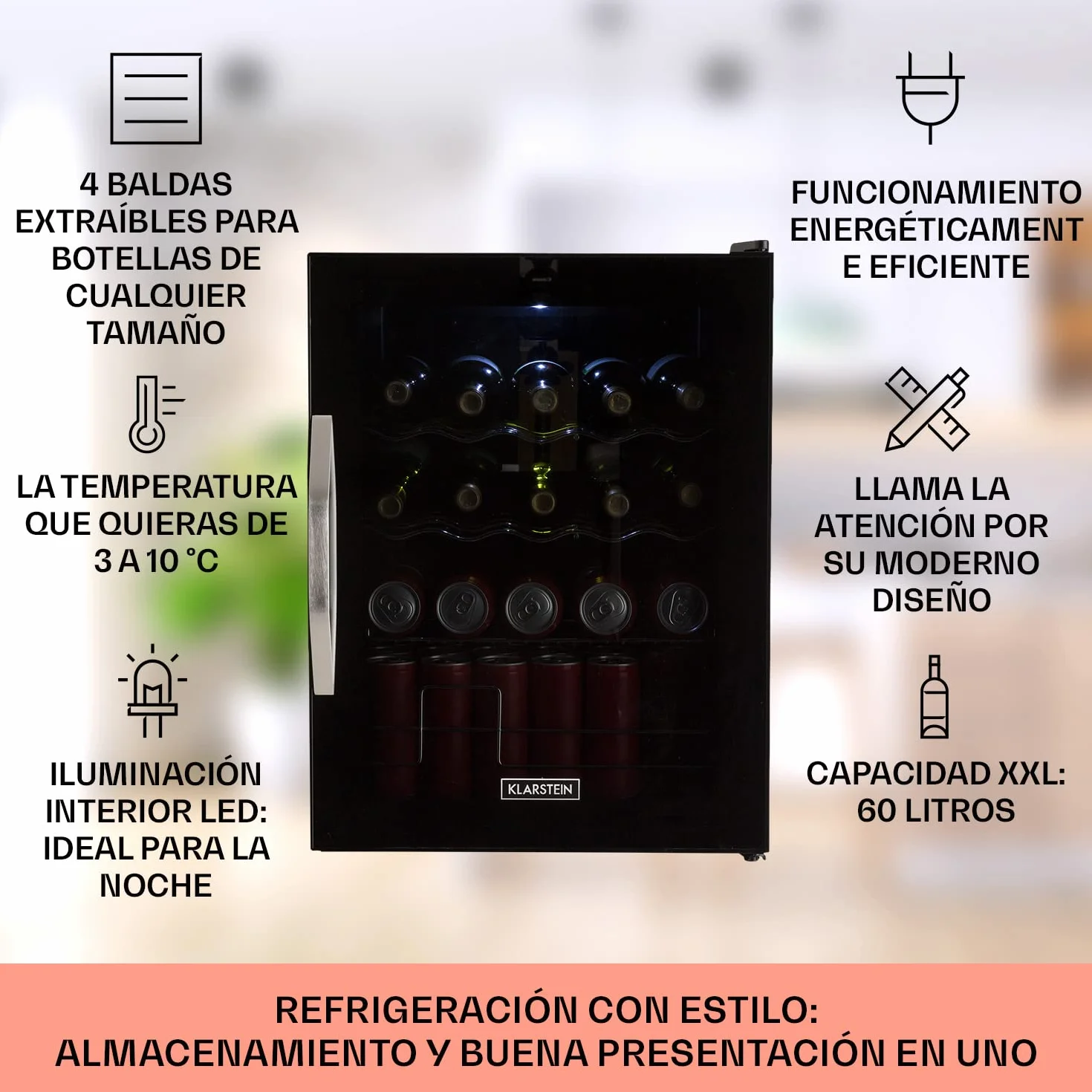KLARSTEIN Mini Nevera Pequeña Puerta Cristal Habitaciones, Portatil Electrica, para Bebidas, Frigorificos 60L, con Estantes