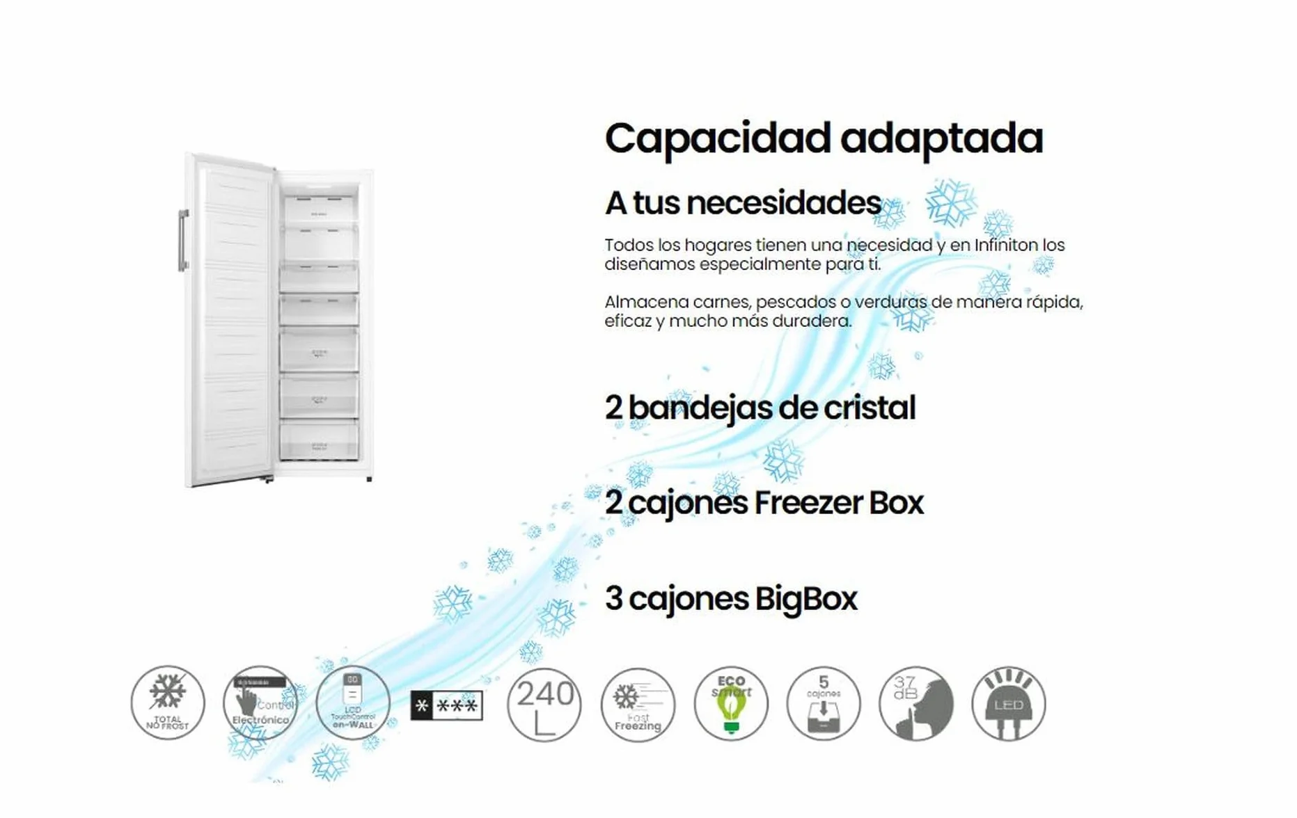 INFINITON Congelador Vertical CV-A174B, 240 Litros, 172 cm de Altura, No Frost Total, Fast freezing, Función Eco-Smart, Puerta reversibles, E, Blanco